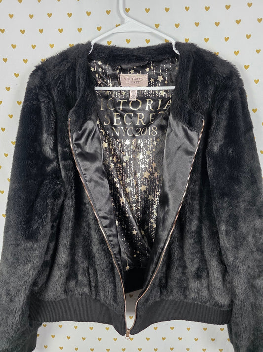 Victoria's Secret 2018 Fashion Show NYC Faux Fur Bomber Jacket XL Black