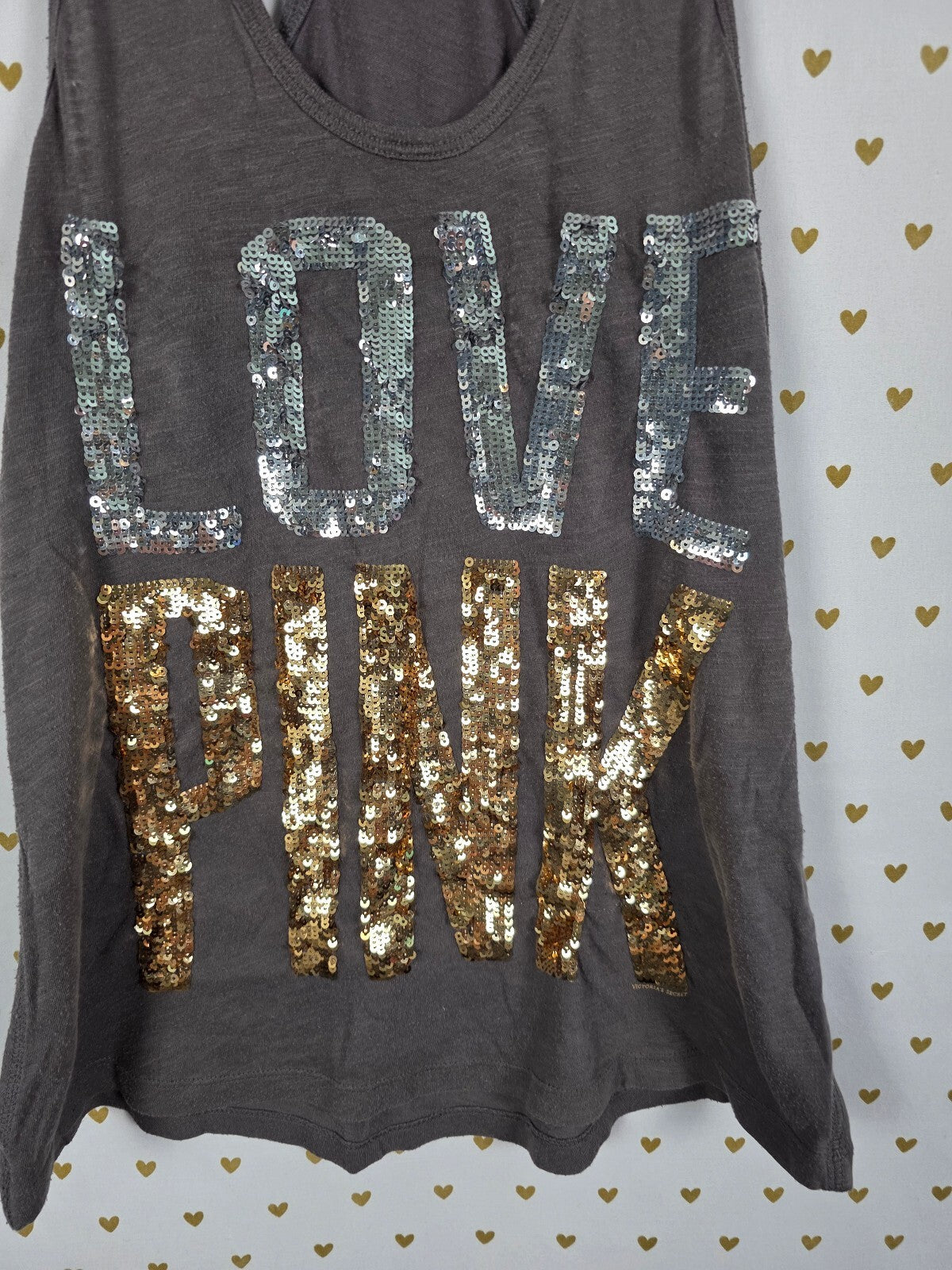 Victorias Secret PINK BLING Sequin LOVE Gold Silver Logo Tank Top SMALL