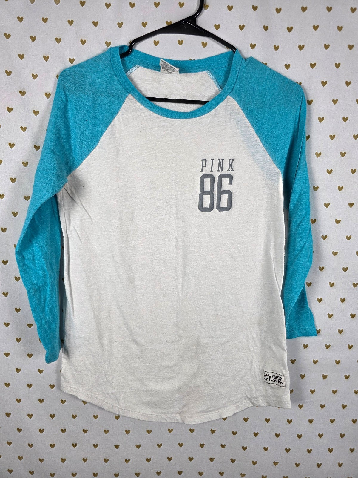 Victorias Secret PINK Vintage 86 Raglan Blue White Tee shirt Long Sleeve Small