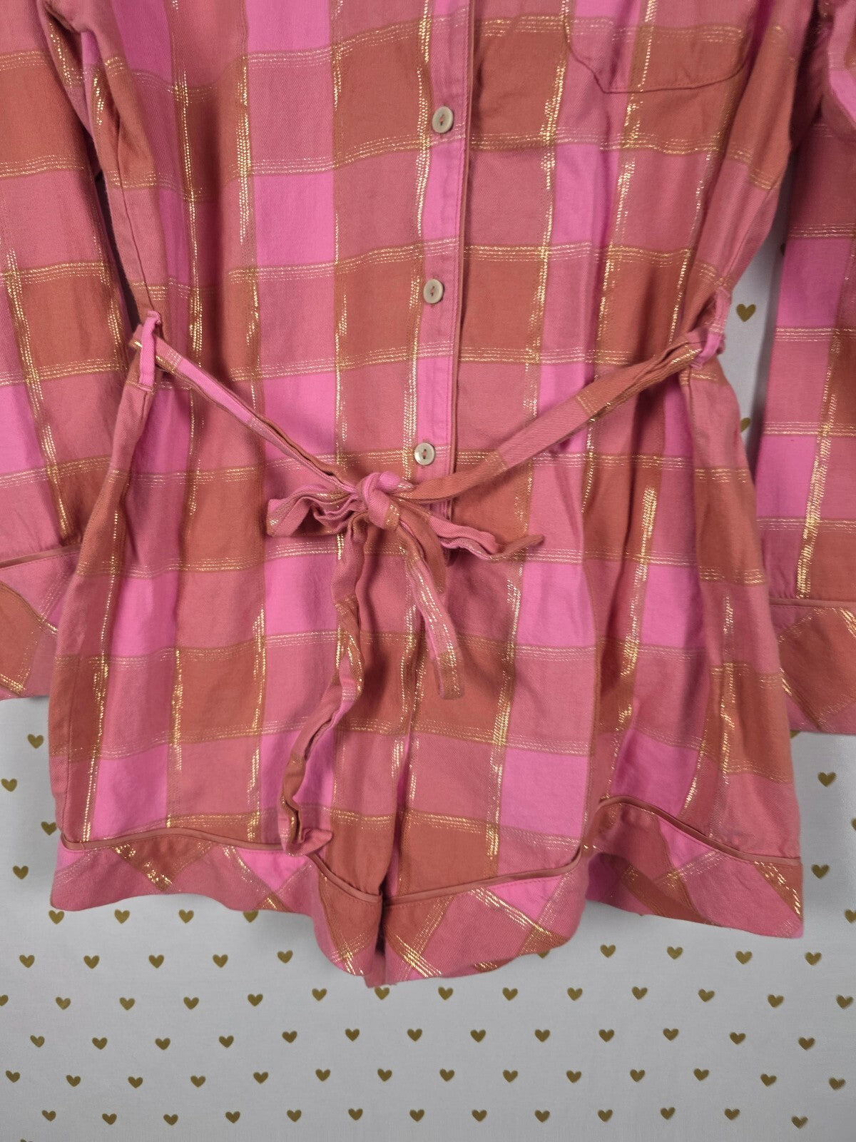 Victoria's Secret Pink Gold Plaid Comfy Romper S Metallic Lurex Pajamas