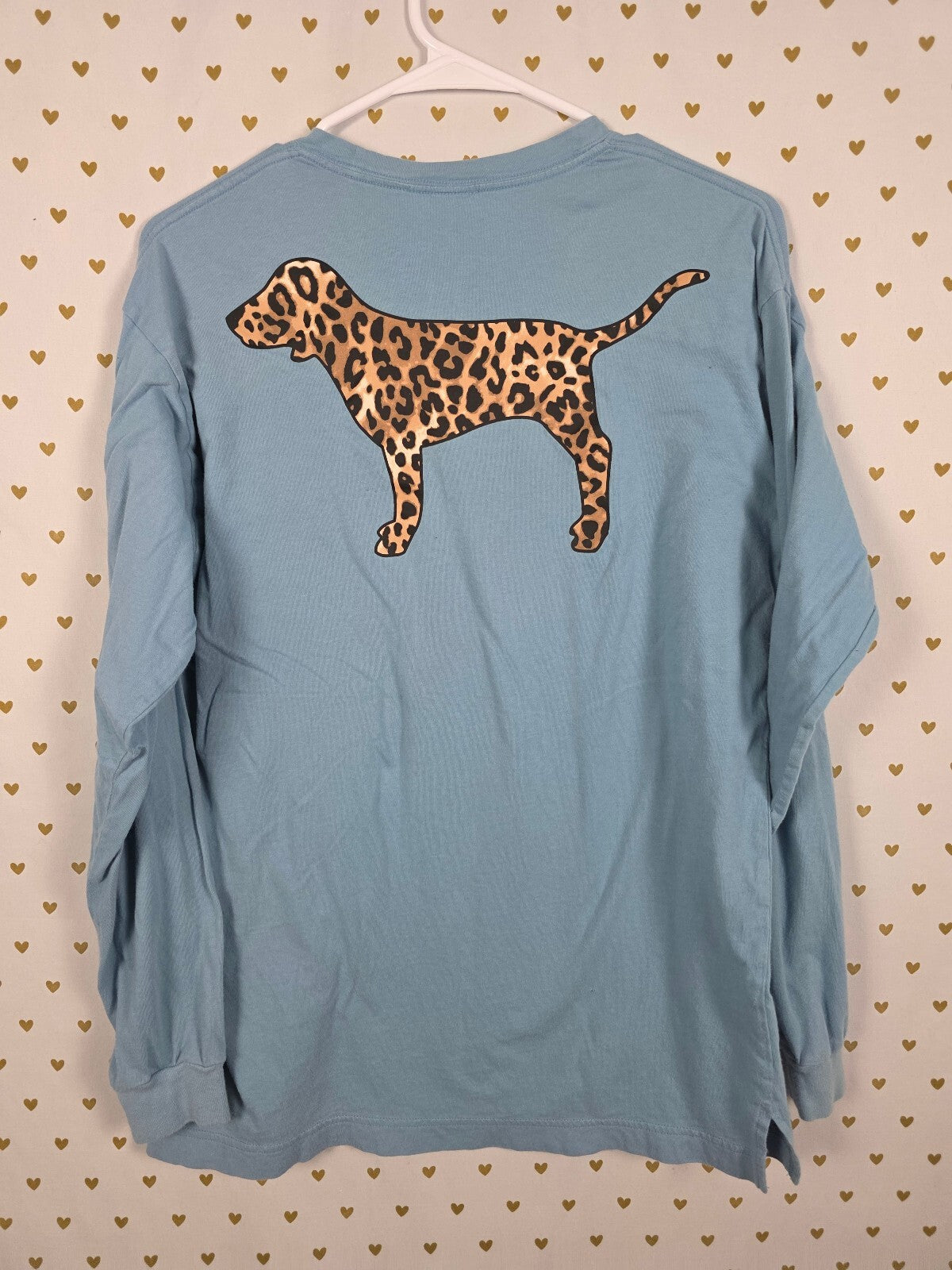 Victorias Secret PINK Long Sleeve Leopard Cheetah Blue Tee shirt Dog Logo Sm