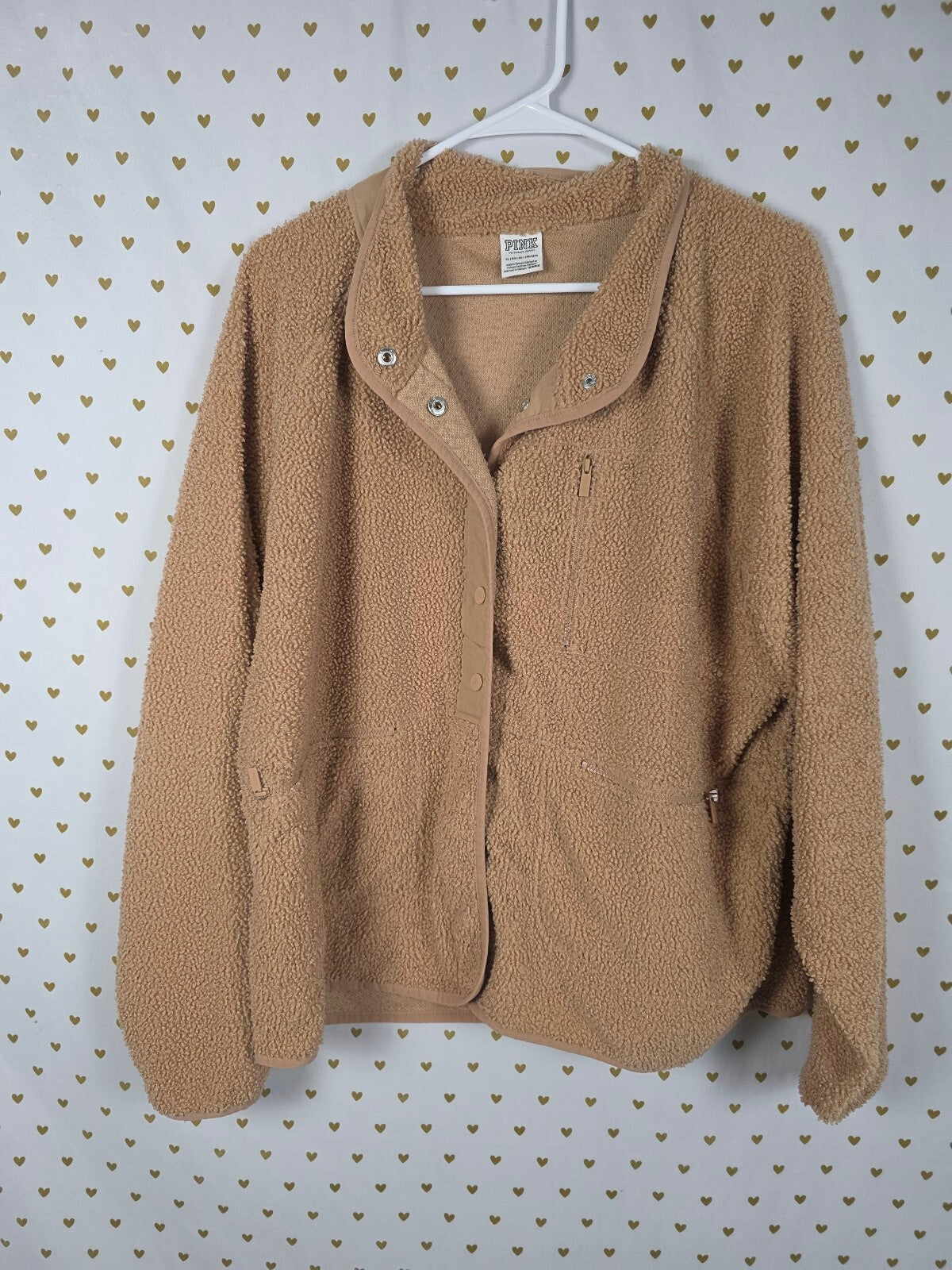 Victoria's Secret PINK Teddy Sherpa Snap Jacket Tan Fleece Zip Pockets XL