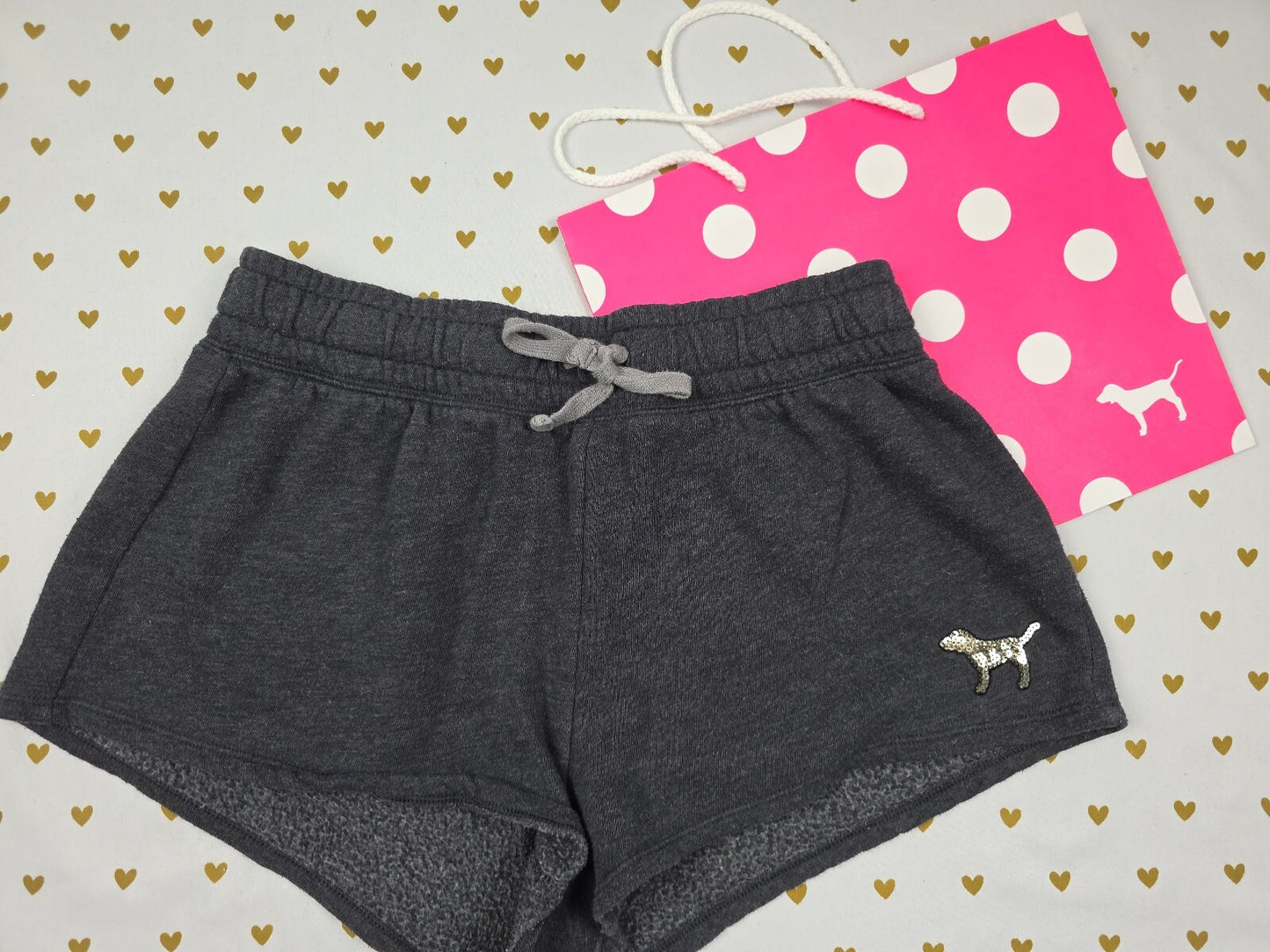 PINK Victoria's Secret Sequin Logo Lounge Shorts Gray Fleece Drawstring Small
