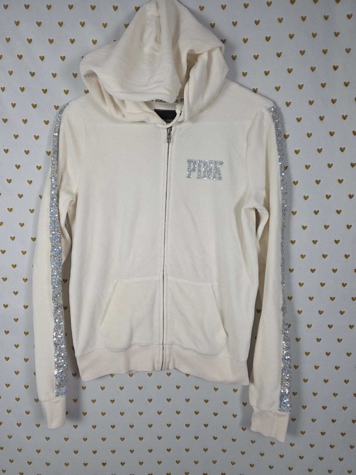 Victorias Secret Pink BLING white Velour Crest logo Full zip Hoodie Jacket SM