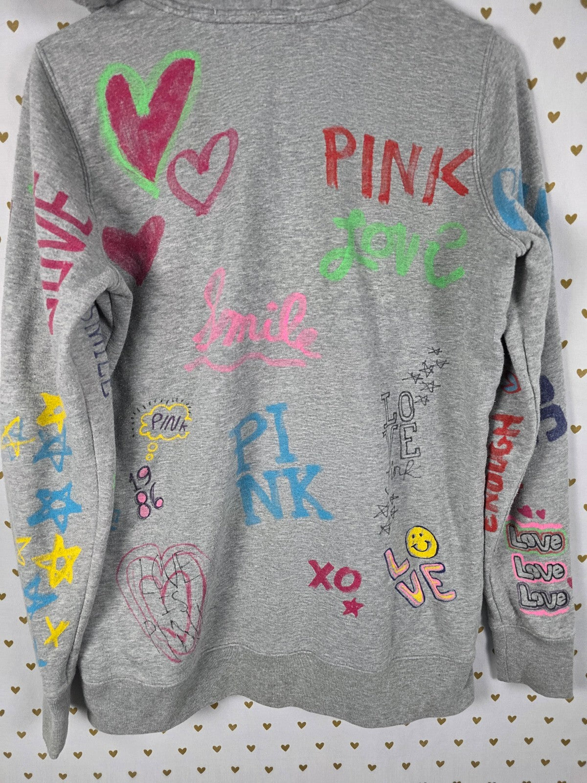 Vintage VS PINK Graffiti Doodle Full Zip Hoodie Gray Y2K Hearts Love M