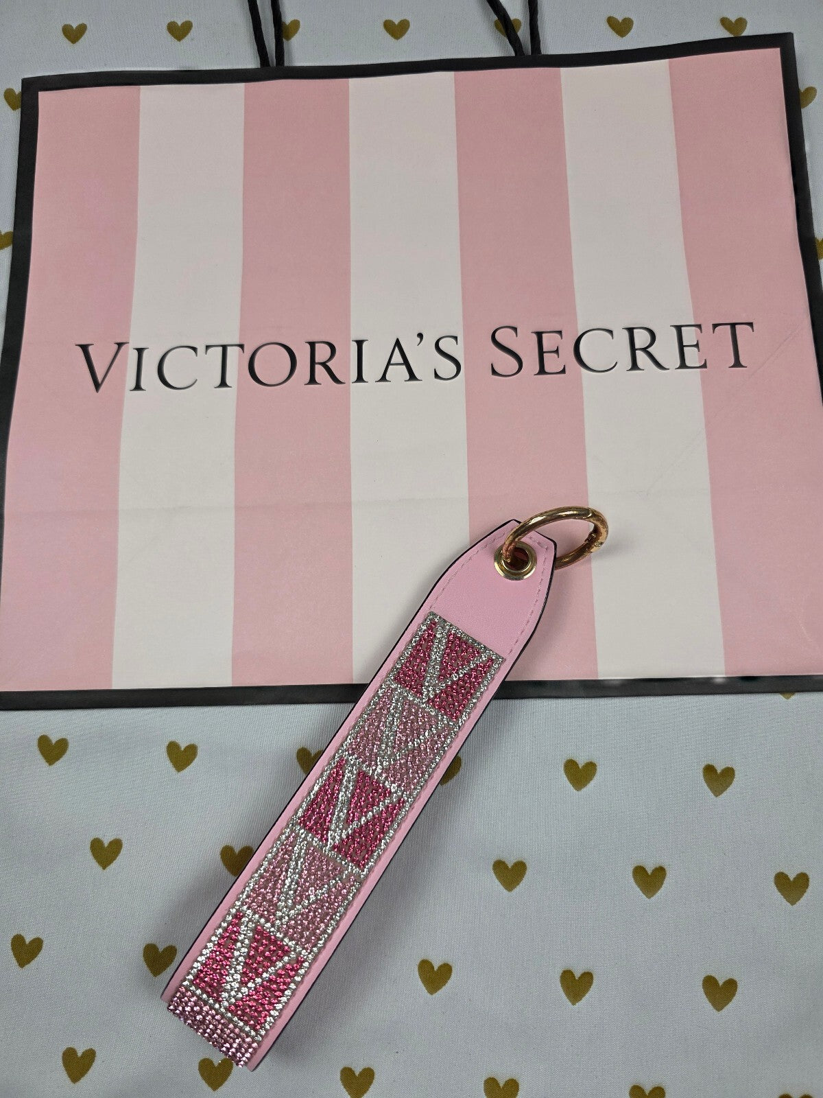 Victoria Secret BLING wristlet strap keychain Logo Studded Handle Rhinestone