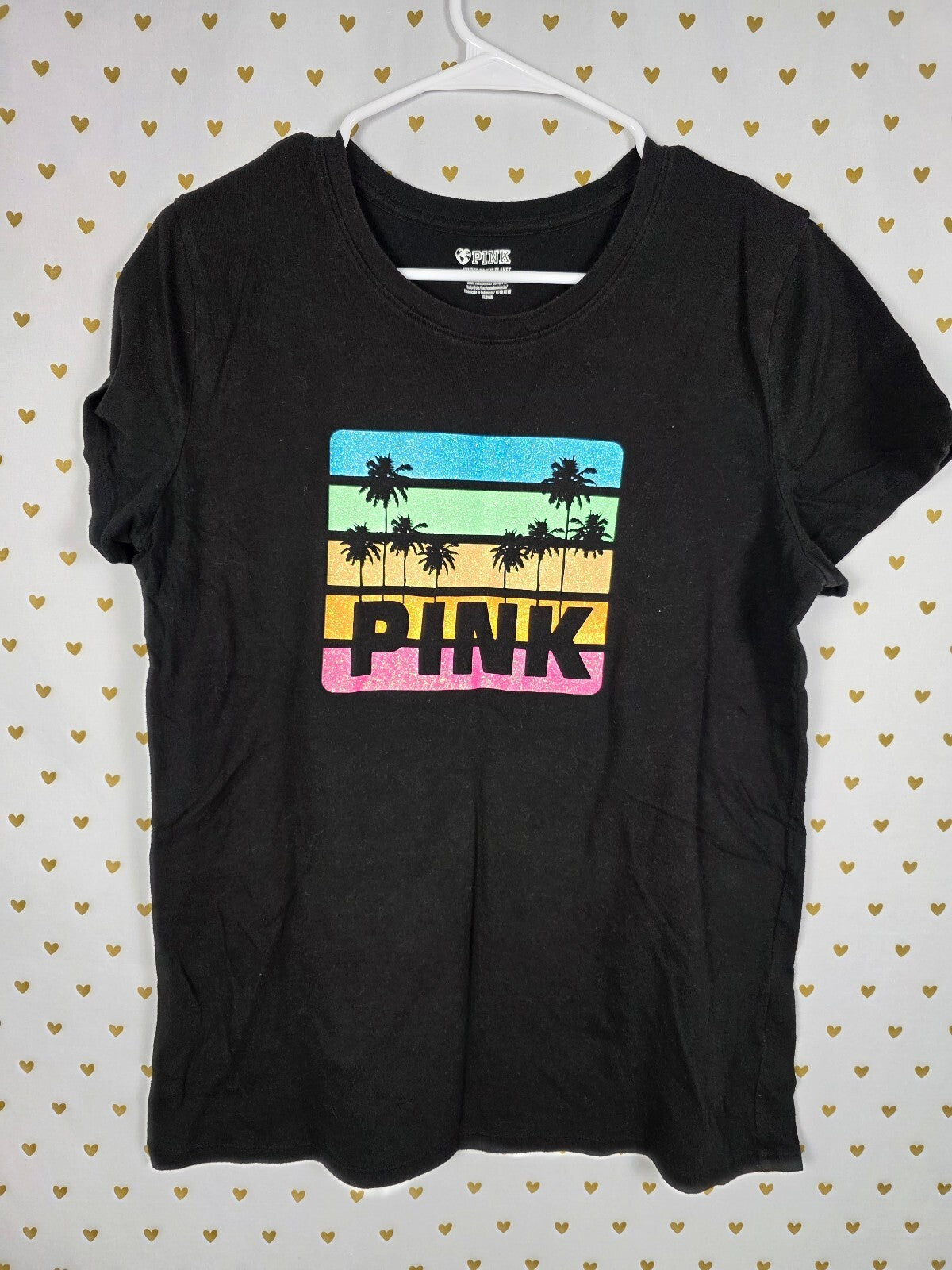 Victorias Secret PINK HTF Bling Glitter Palm Logo Tee Shirt LARGE