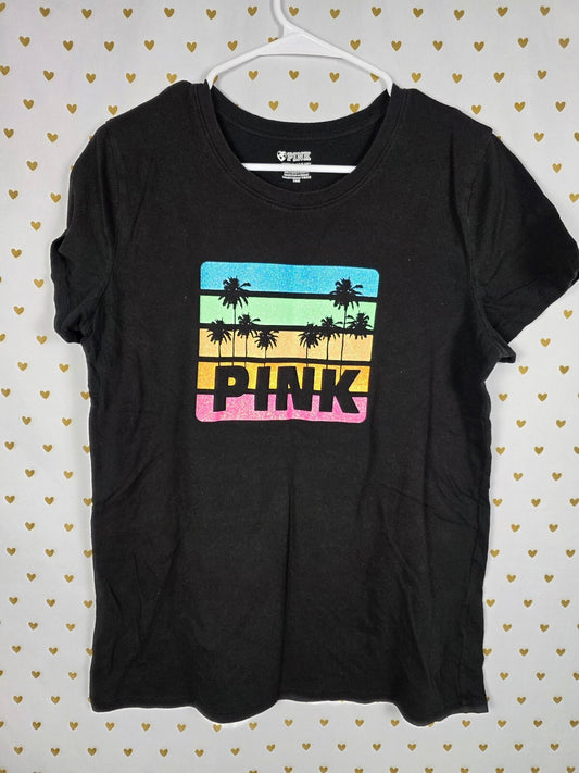 Victorias Secret PINK HTF Bling Glitter Palm Logo Tee Shirt LARGE