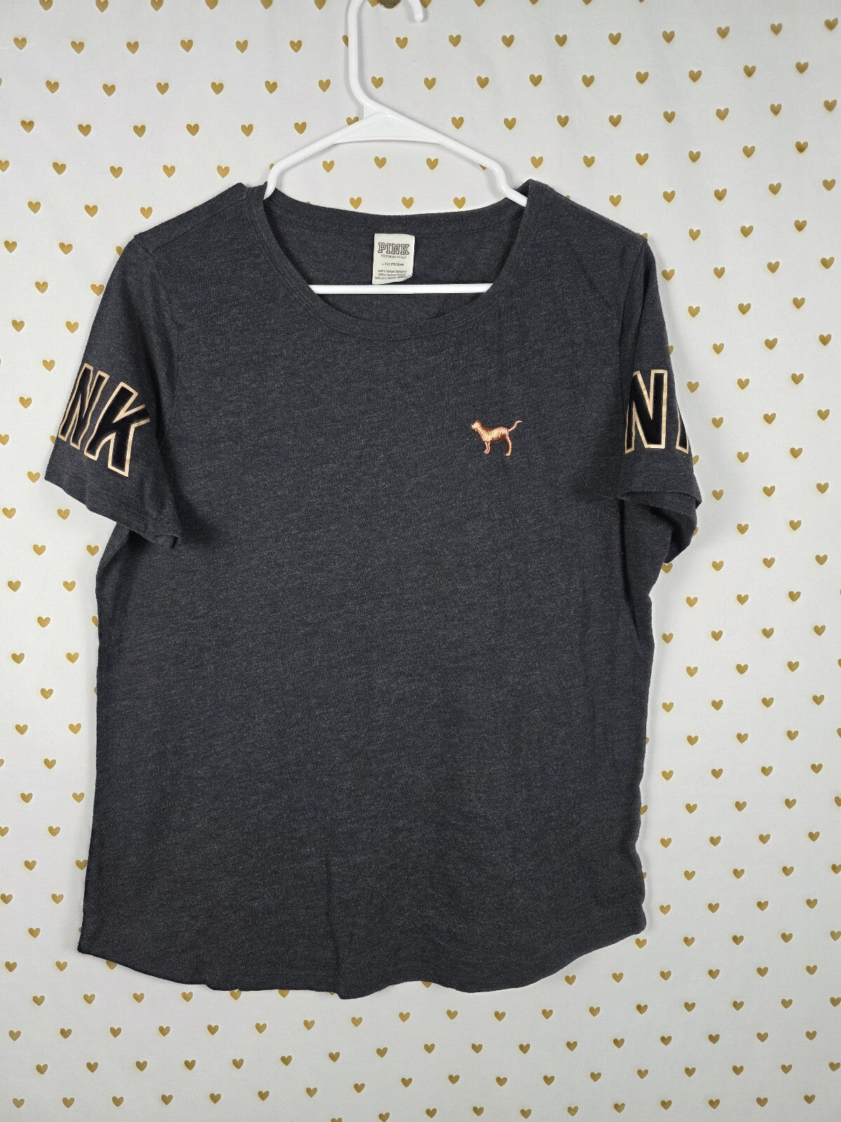 Victorias Secret PINK Large GOLD BLING DOG sequined Logo Tee Shirt