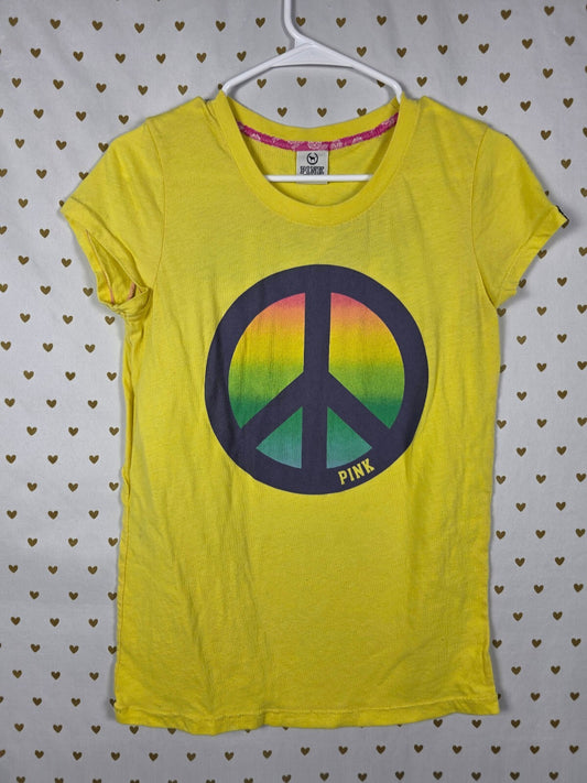 Victorias Secret PINK Vintage yellow Y2k PEACE Rainbow Tee shirt LARGE