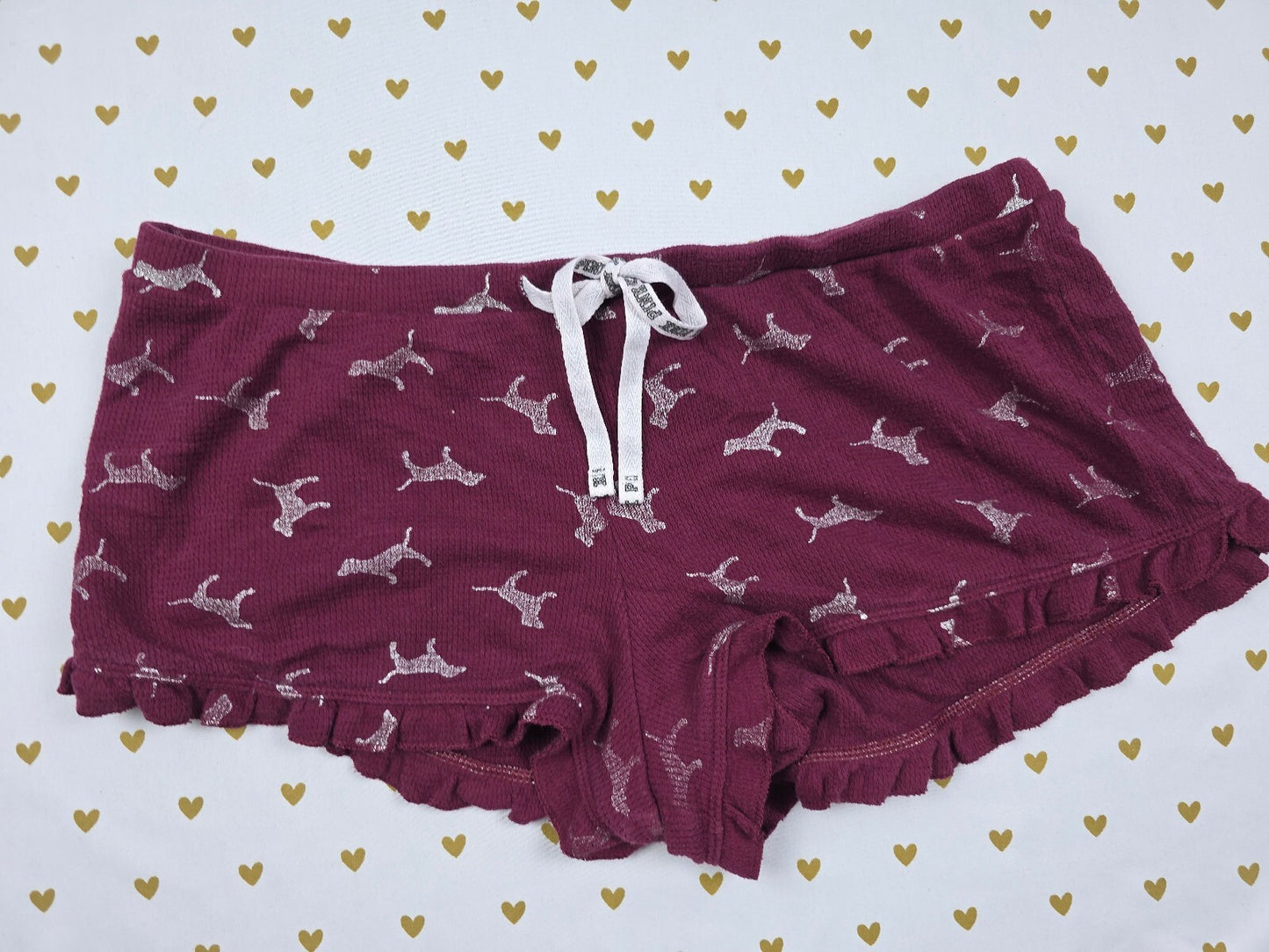 Victorias Secret PINK Ruffled Maroon DOGS Med Sleep Shorts Boxers Pajama Bottoms