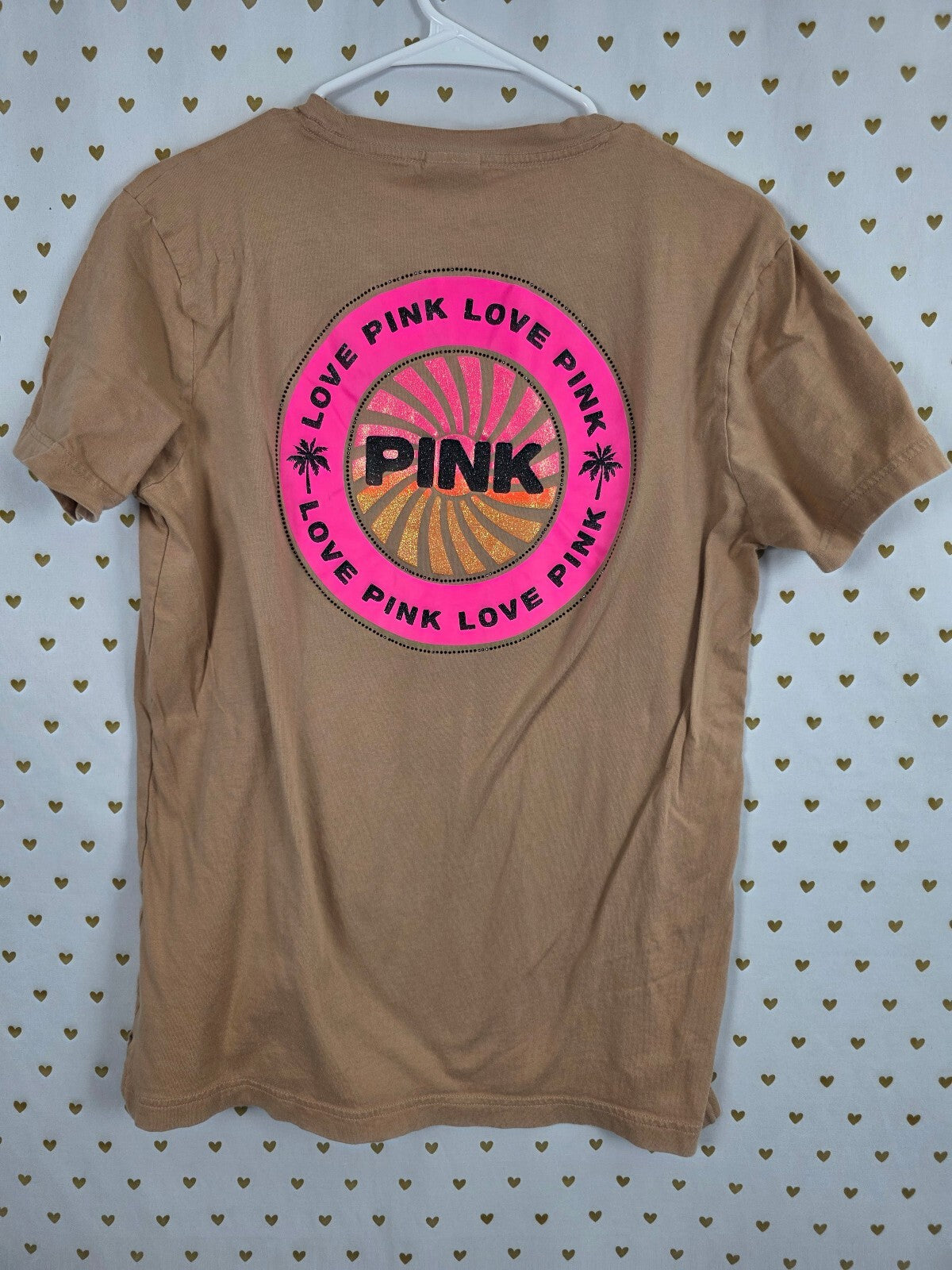 Victorias Secret PINK Beige Bling Studded Logo Tee shirt Small