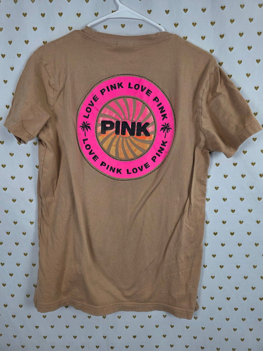 Victorias Secret PINK Beige Bling Studded Logo Tee shirt Small