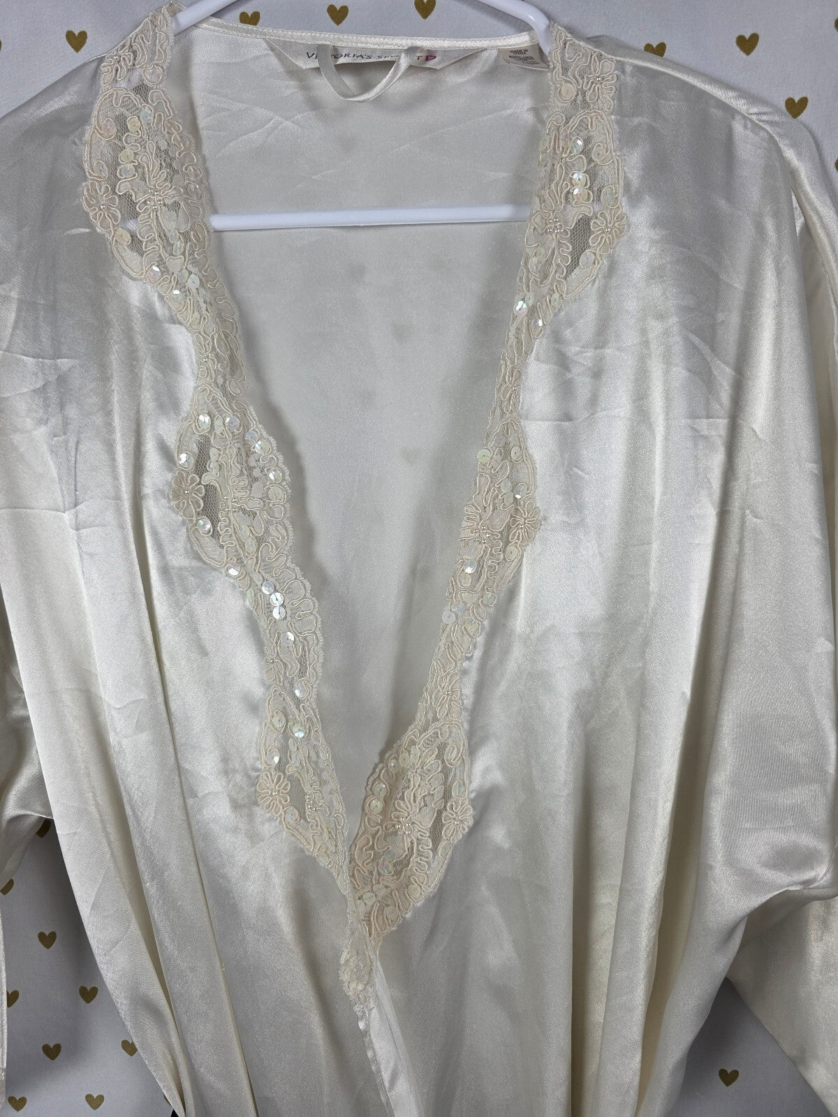 Victorias Secret Satin Silky Robe White VINTAGE Heart Label embellished SEQUIN