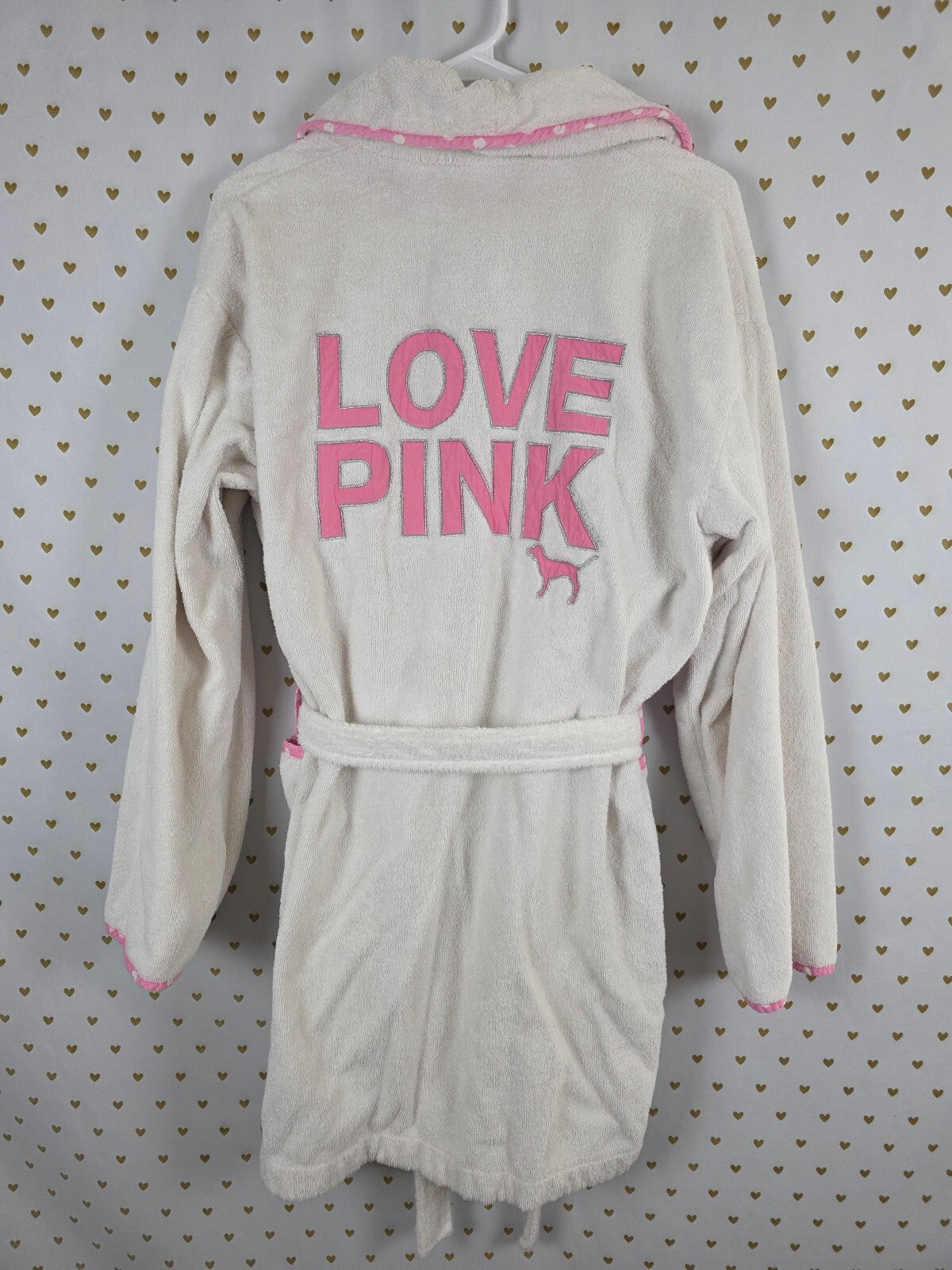 Victoria's Secret PINK Plush Terry Robe White Pink Polka Dot Dog M/L 2005 Cotton