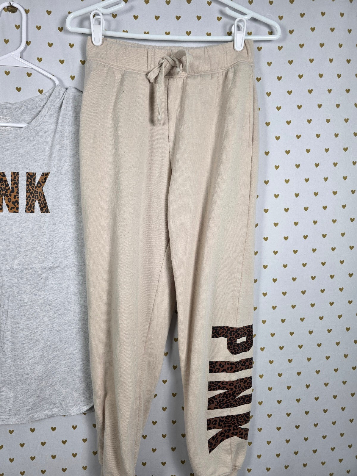Victorias Secret PINK Leopard Cheetah Sweats Tee shirt SET XS Logo Beige