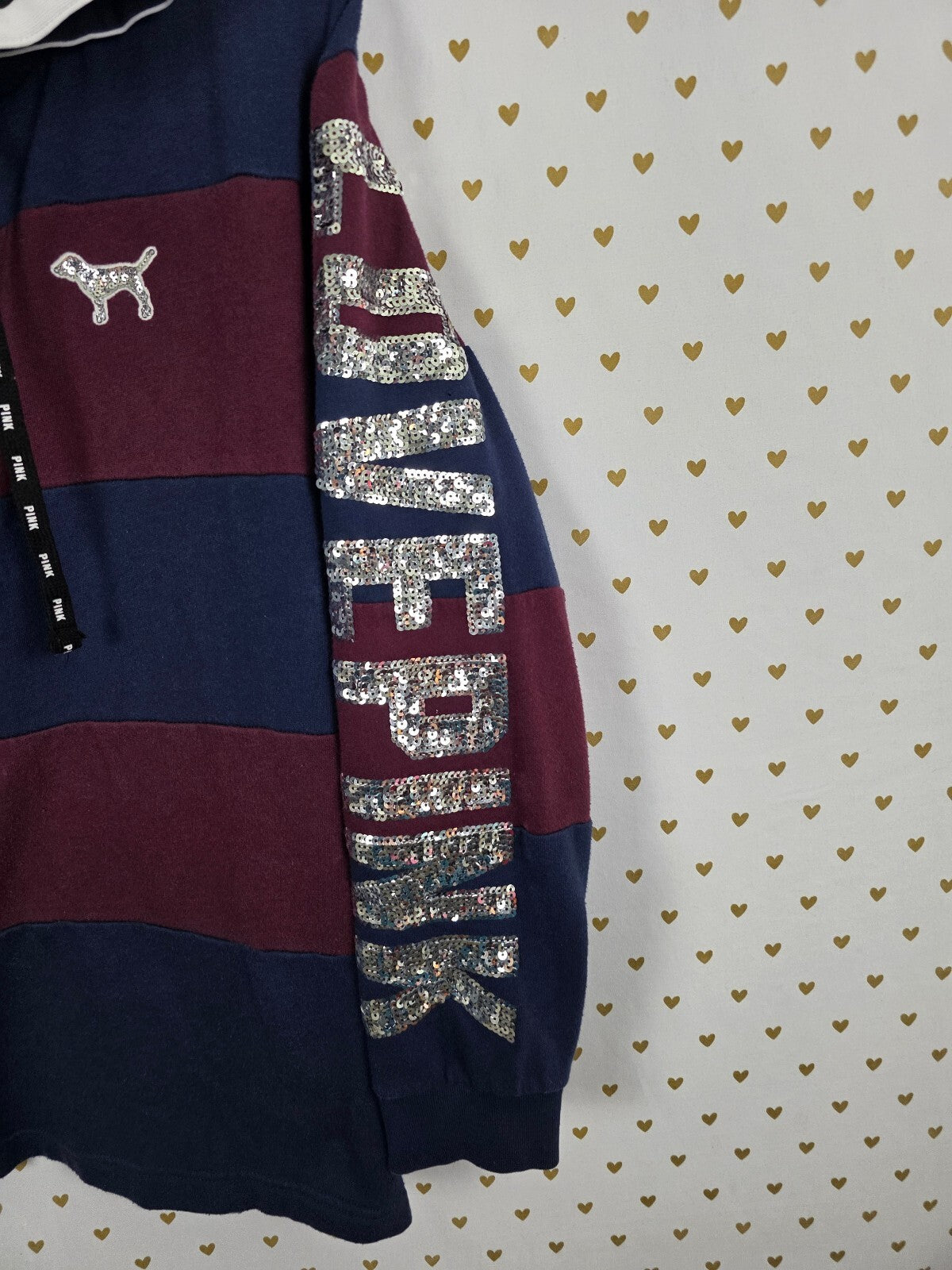 Victorias Secret Pink Bling Dog Logo Striped Hooded Sweater Shirt Medium