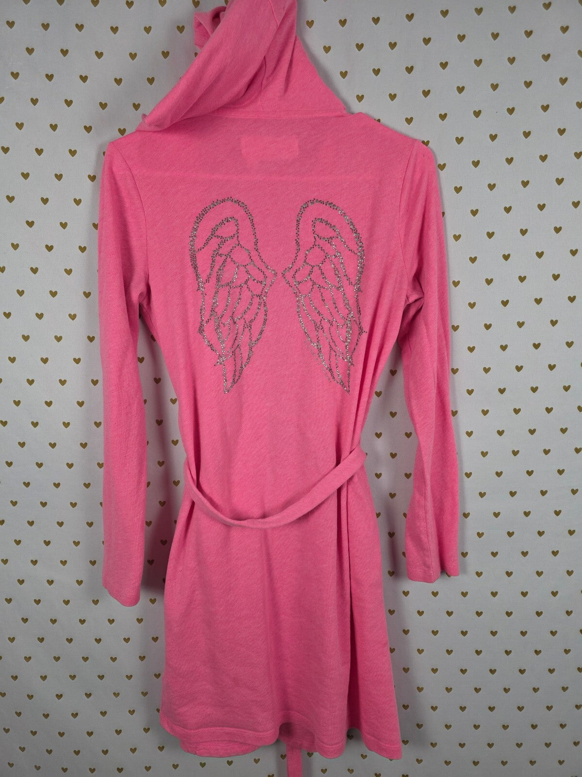 Vintage Victoria's Secret Pink Rhinestone Angel Wings Hooded Robe XS Y2K BLING