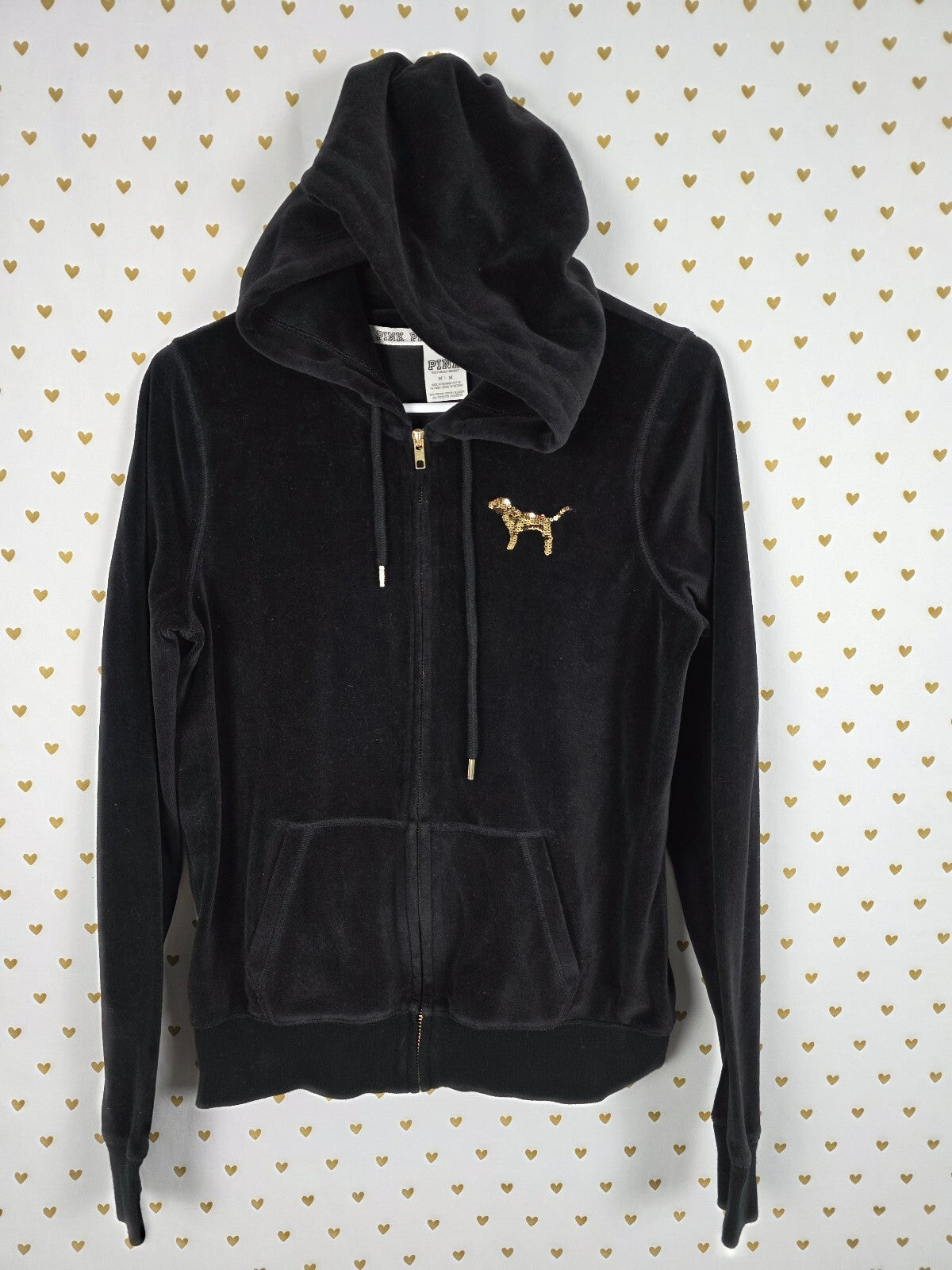 Victorias Secret Pink Vintage VELOUR BLING Hoodie Sequined Jacket Gold Black MED