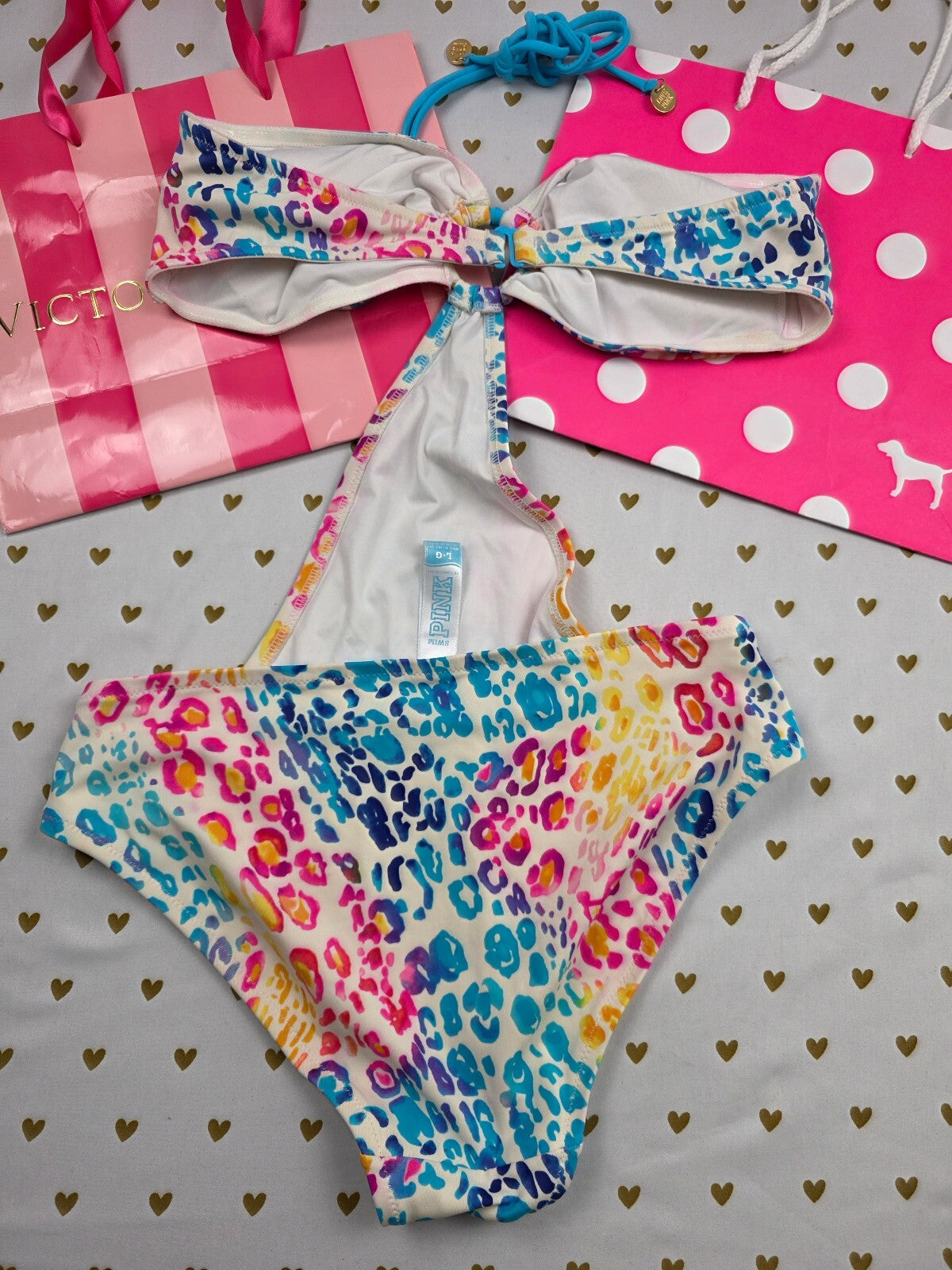 Victoria's Secret PINK Rainbow Leopard Print Cutout Monokini Swimsuit L Vintage