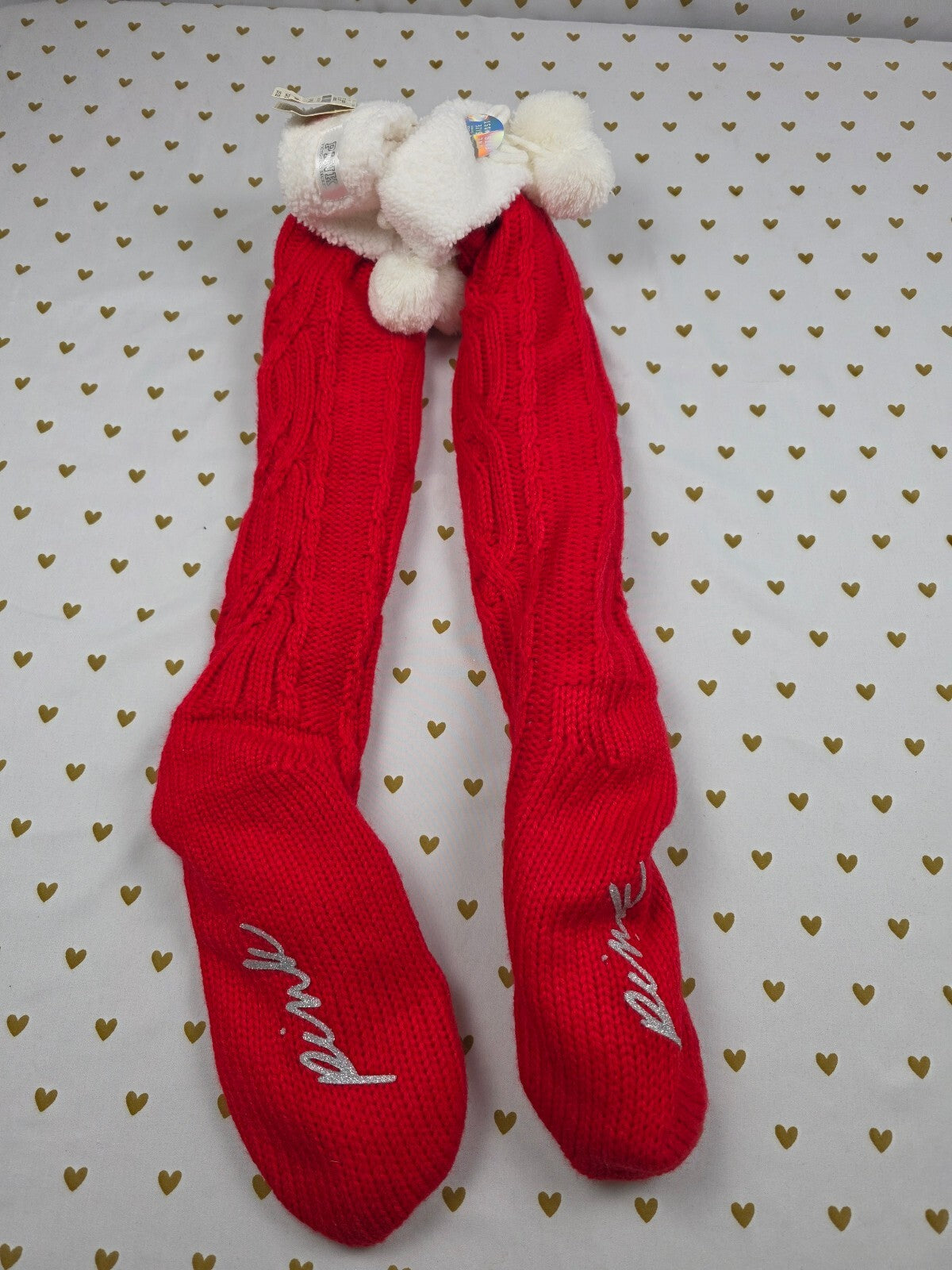 Victoria's Secret PINK Red Cable Knit Sherpa Lined Slipper Socks NWT OS