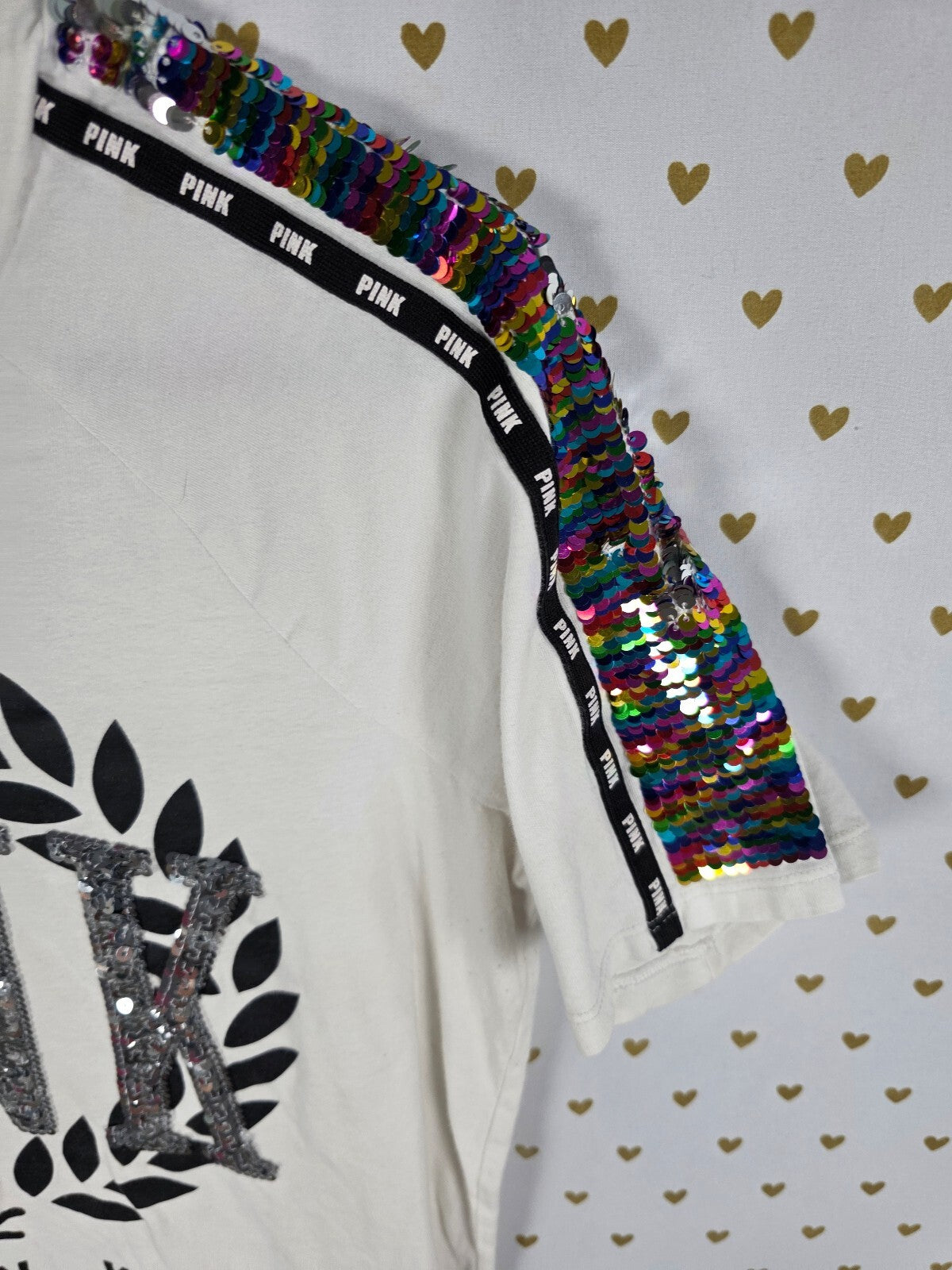 Victorias Secret PINK Rainbow Flip Bling sequined Crest tee shirt Logo Small