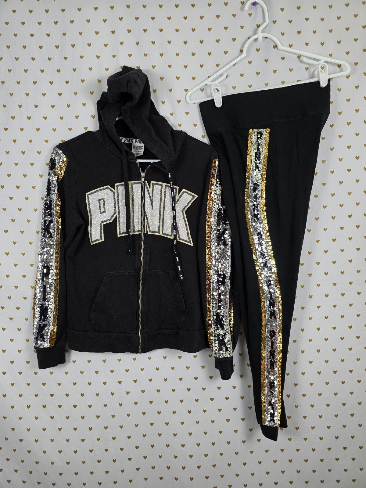 Victorias Secret Pink Bling Sequined Yoga Pants Hooded Jacket SET XS SM Outfit