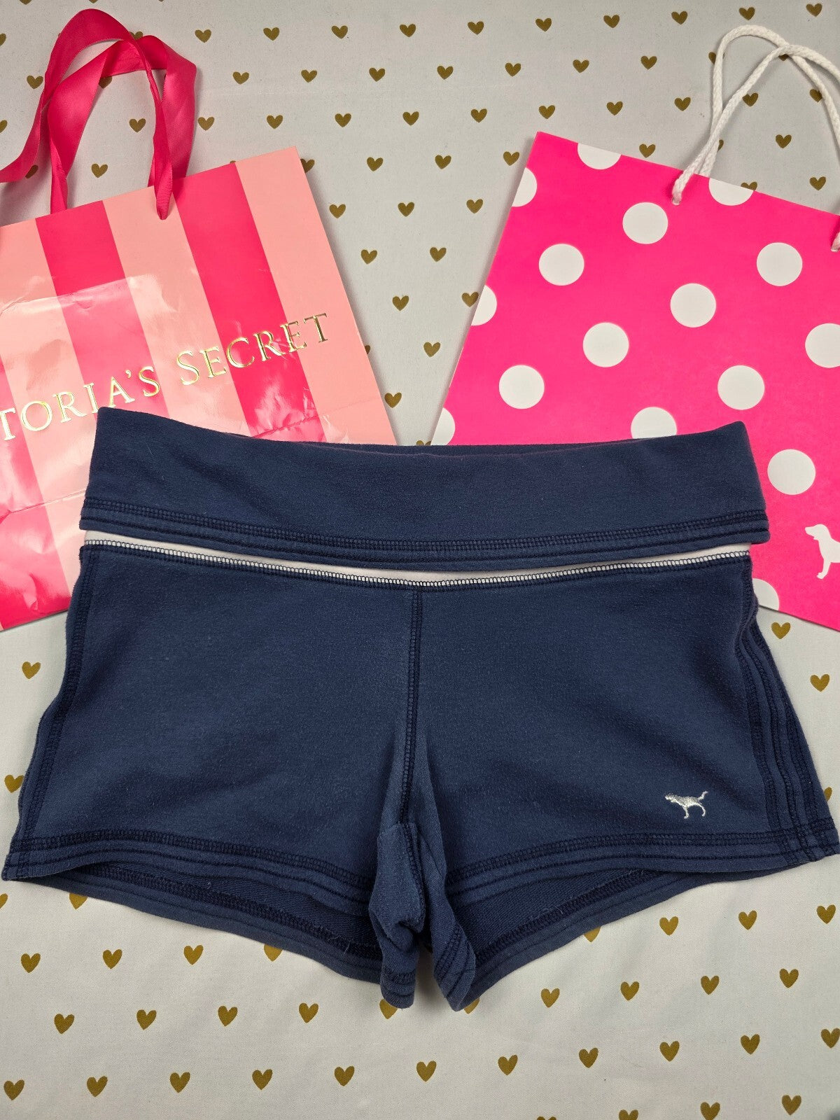Vintage 2008 VS PINK LOVE PINK Foldover Booty Shorts XS Navy Dog
