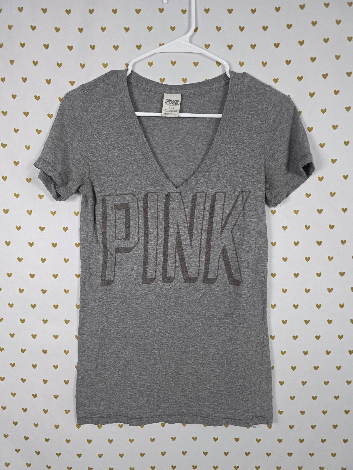 Victorias Secret PINK Logo V neck grey Tee shirt SMALL