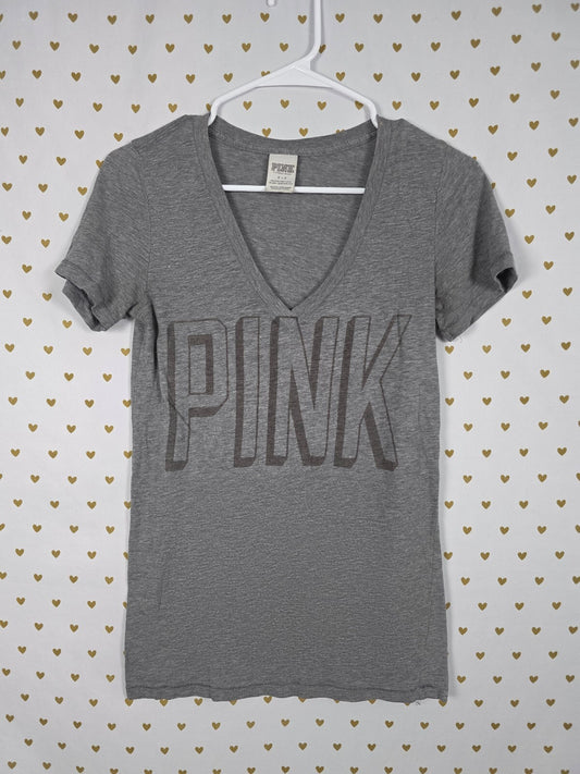 Victorias Secret PINK Logo V neck grey Tee shirt SMALL
