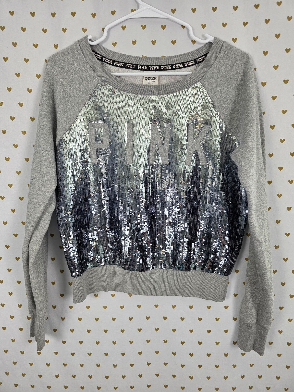 Victorias Secret Pink  Gradient Bling Sequined Crew Sweater Grey Medium