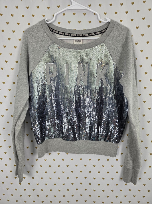 Victorias Secret Pink  Gradient Bling Sequined Crew Sweater Grey Medium