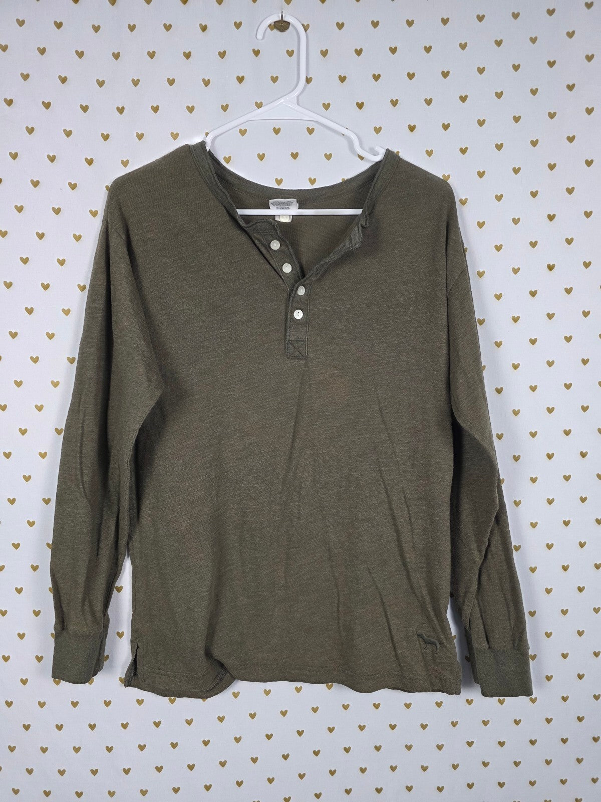 Victorias Secret PINK Green Long Sleeve Logo Henley Tee shirt Small