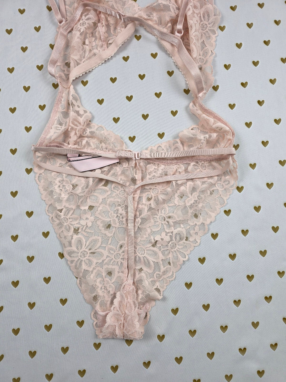 Victorias Secret Beige Lace Stretch Bodysuit Teddy Large V String Thong