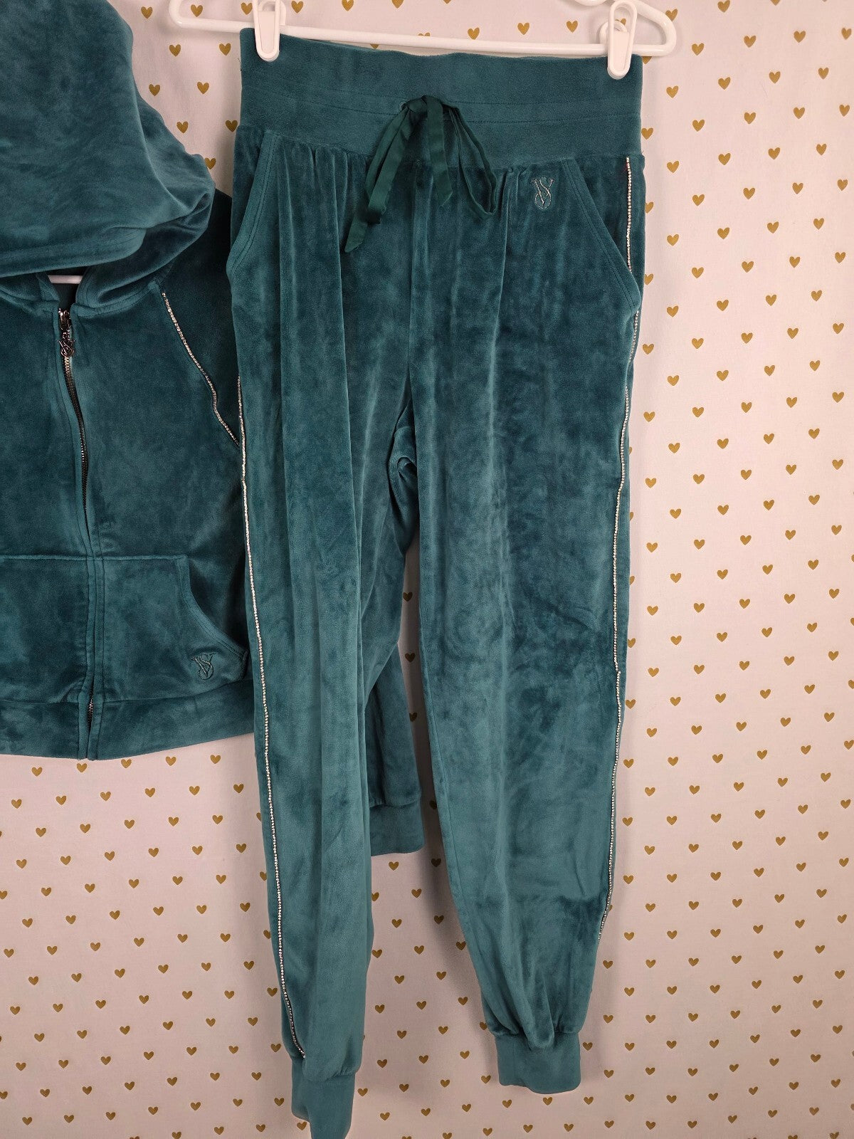 Victoria's Secret On Point Velour Tracksuit XS Teal Rhinestone Hoodie Pants
