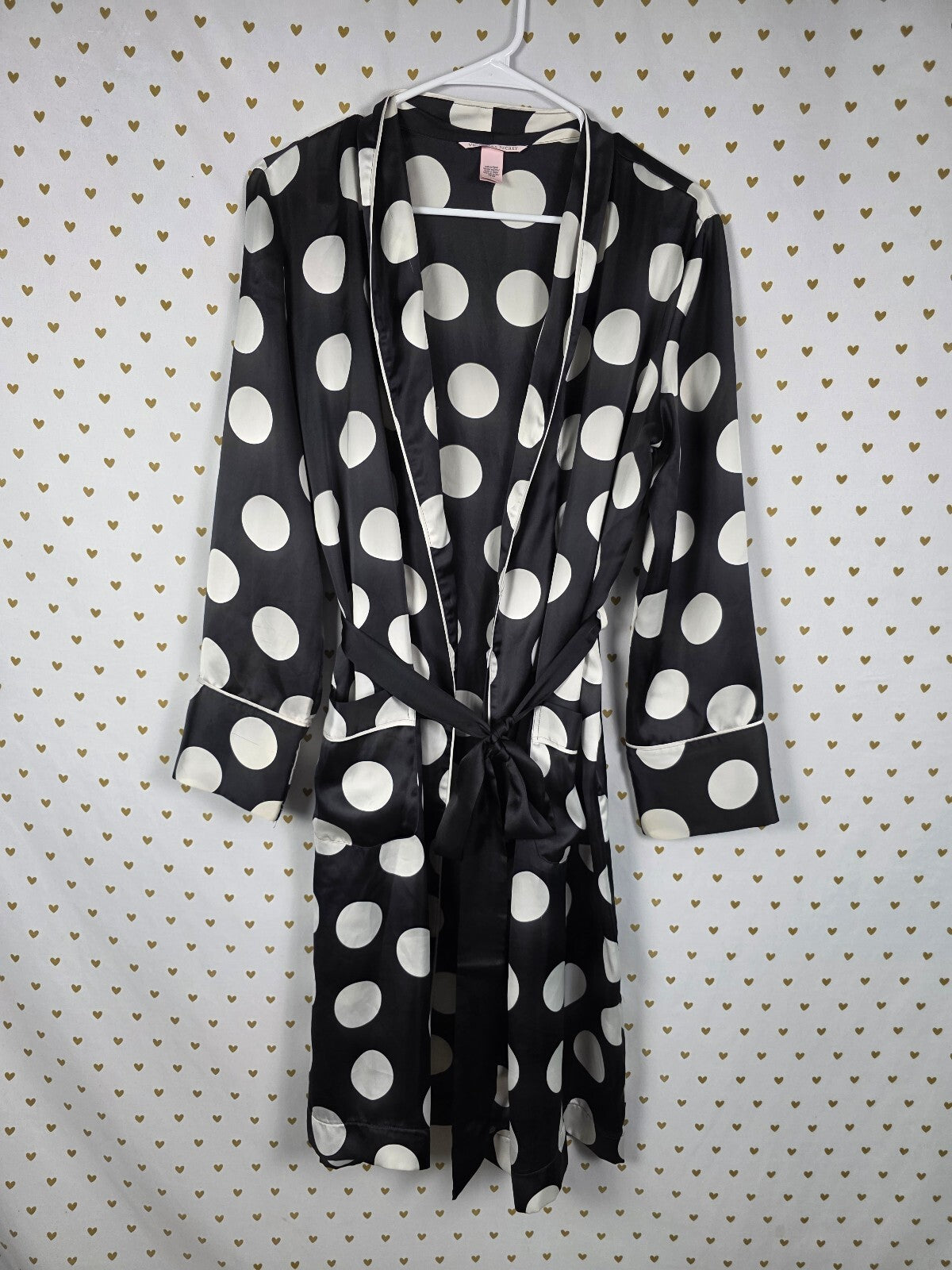 Victoria's Secret Satin Robe M Black White Polka Dot Kimono Belted Pajamas