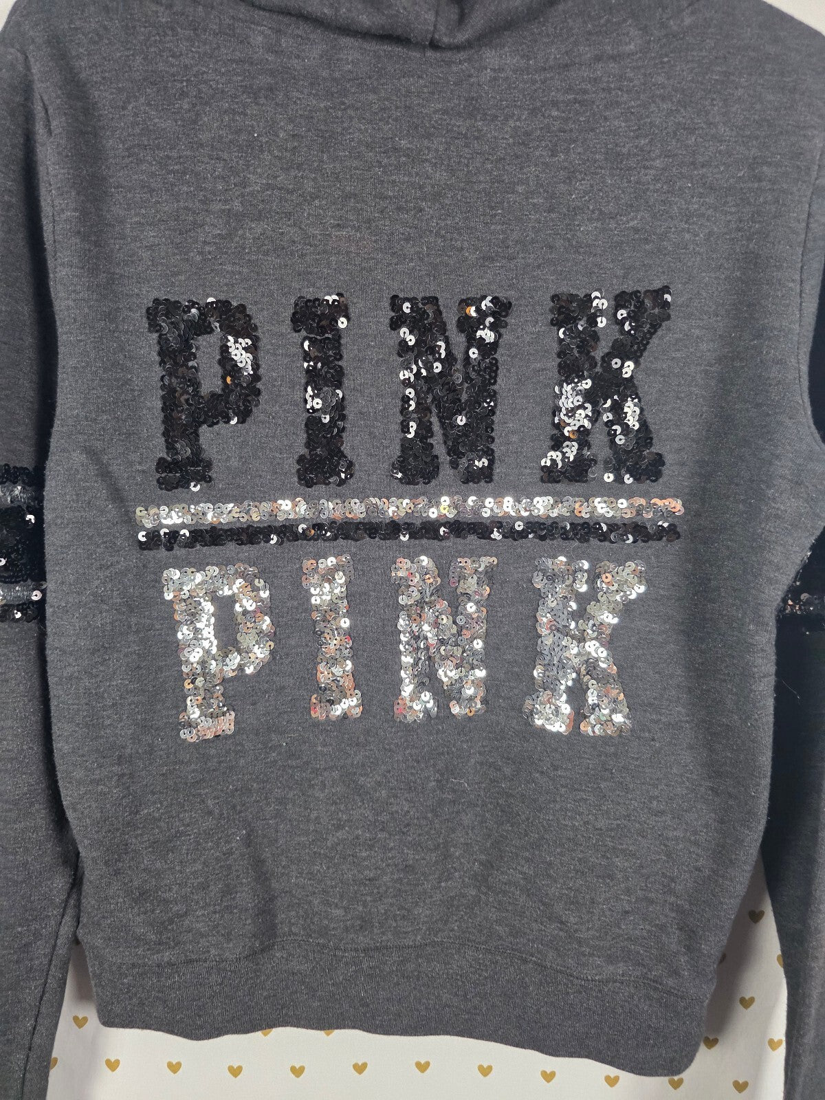 Victorias Secret Pink Bling Sequined Logo Full zip Hoodie Jacket Grey Medium