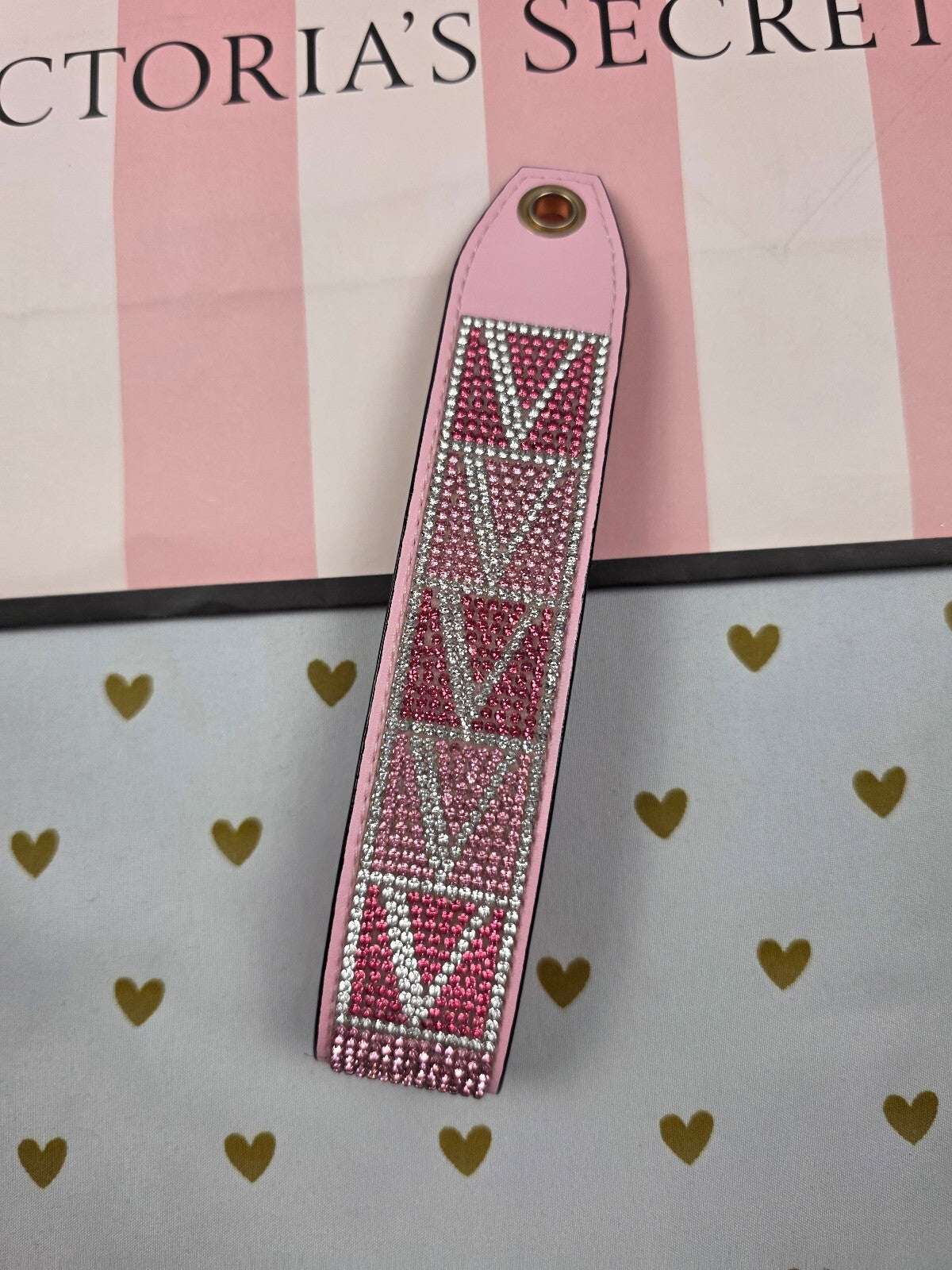 Victoria Secret BLING wristlet strap keychain Logo Rhinestone Studded Handle