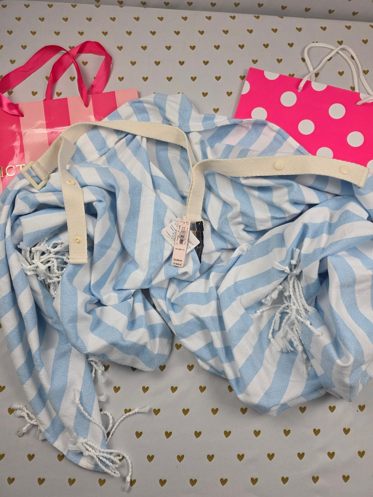 Victoria’s Secret Blue White Stripe Beach Blanket NWT Fringe Carry Strap VS