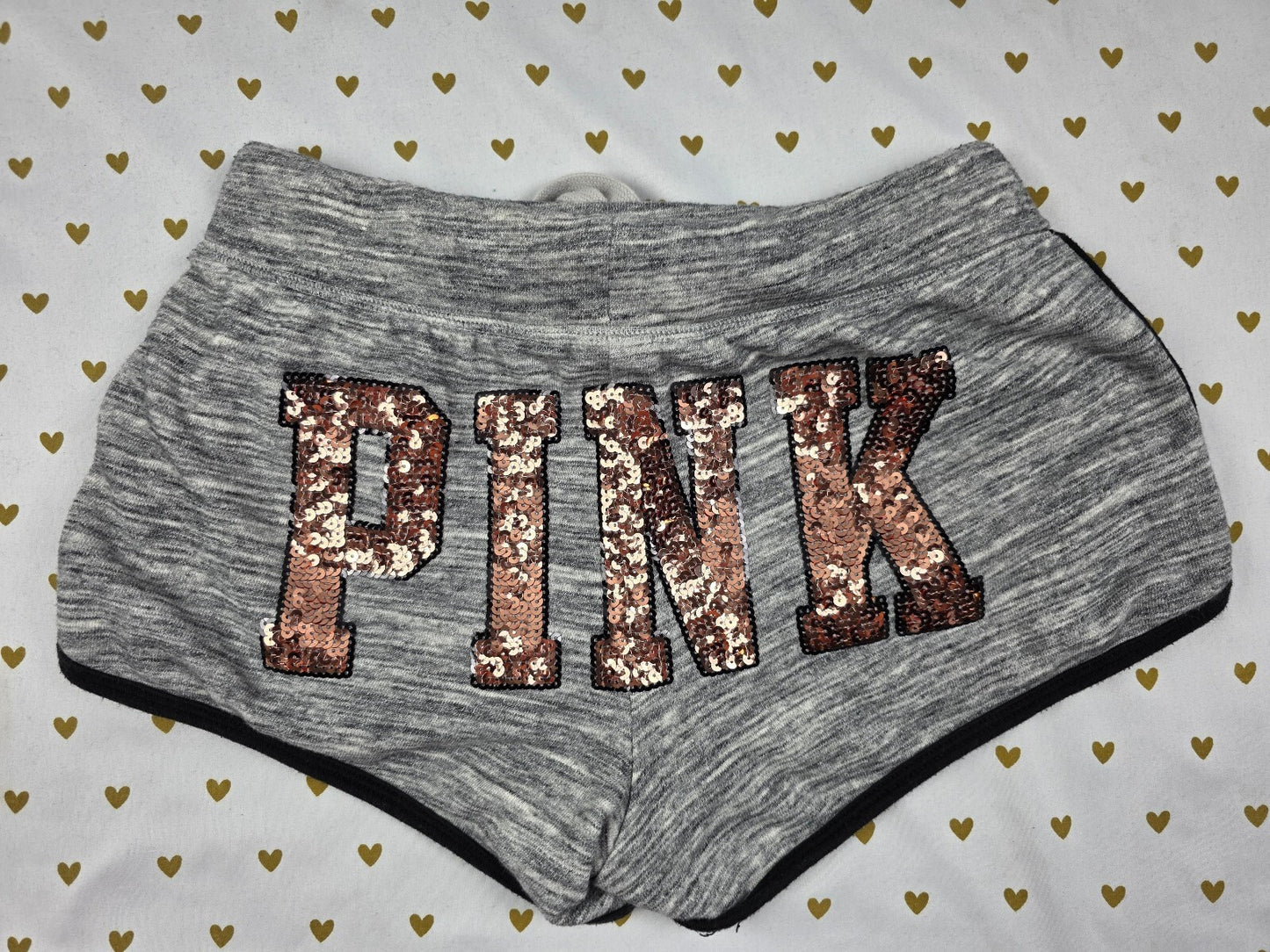 Victorias Secret PINK Grey GOLD BLING SEQUIN Sweat Shorts Dog SMALL