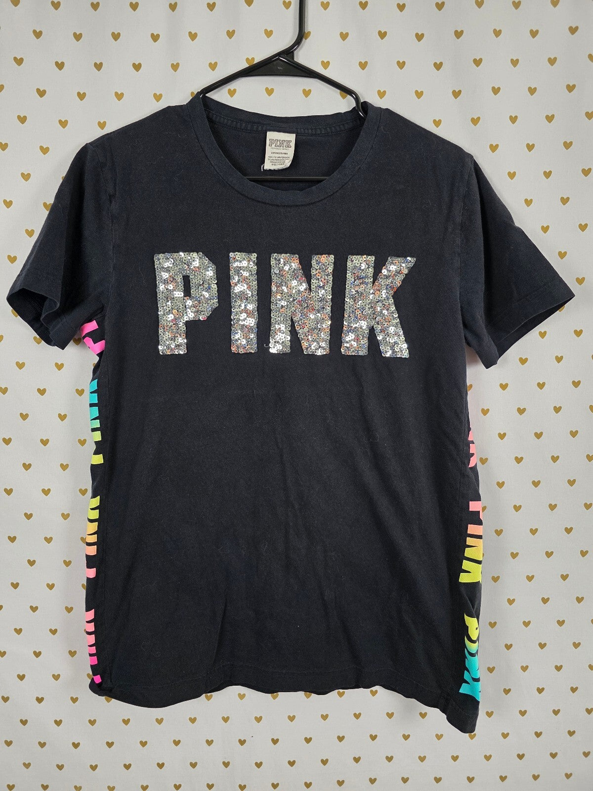 Victorias Secret PINK HTF Rainbow Logo Bling Sequined Tee shirt Small