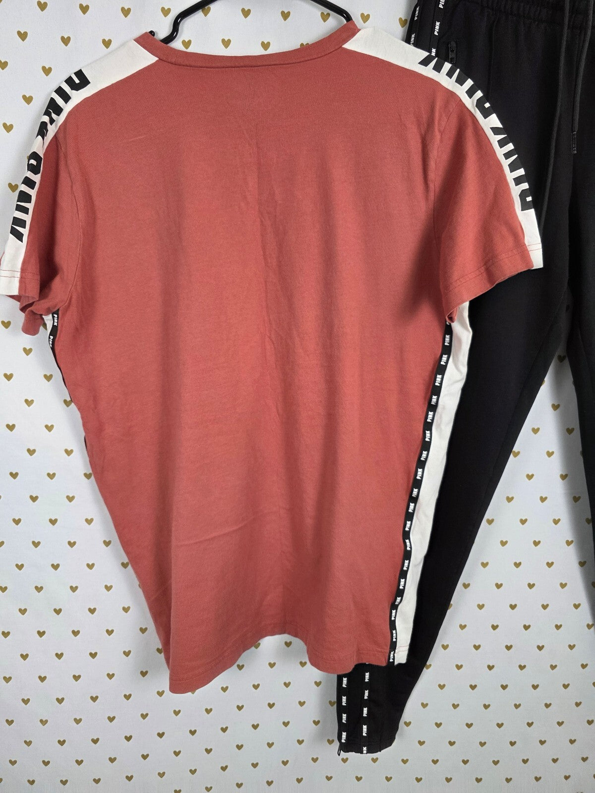 Victorias Secret PINK Logo Stripe SET 2pc Outfit Tee shirt Track Pants SM MED