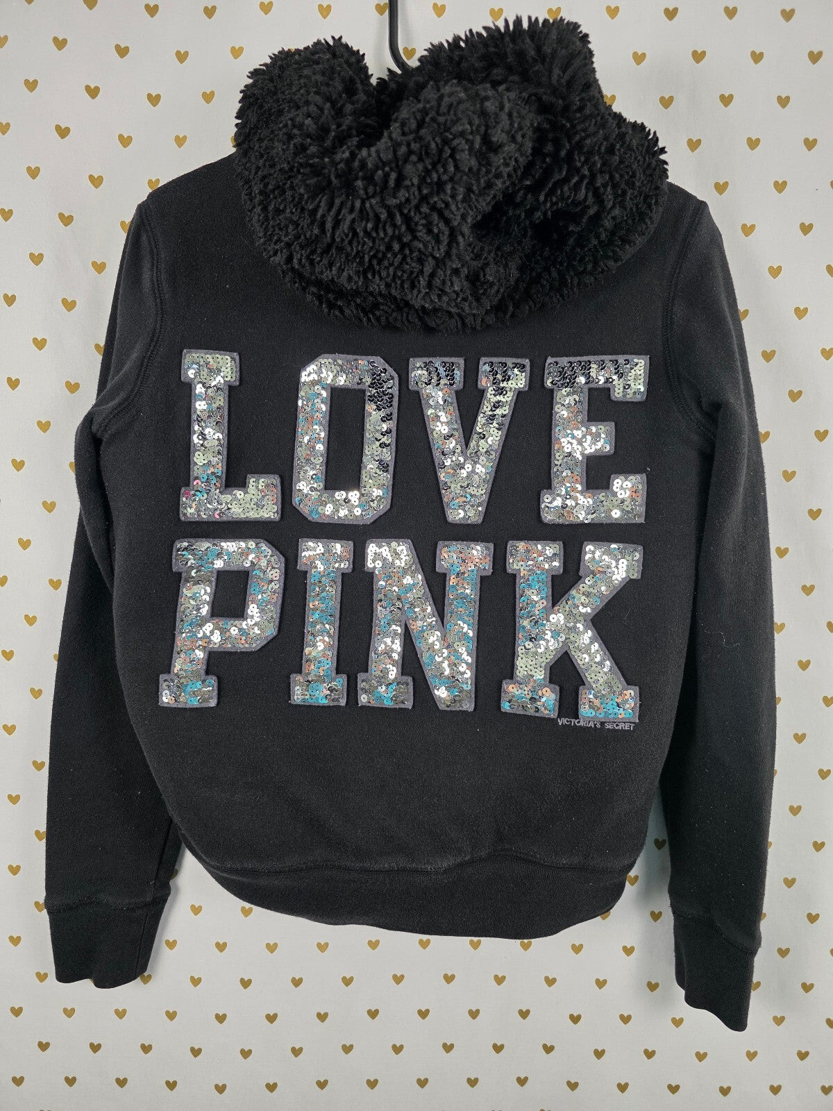 Victorias Secret Pink Fur lIned Bling Sequined Hoodie Jacket Black Silver XS