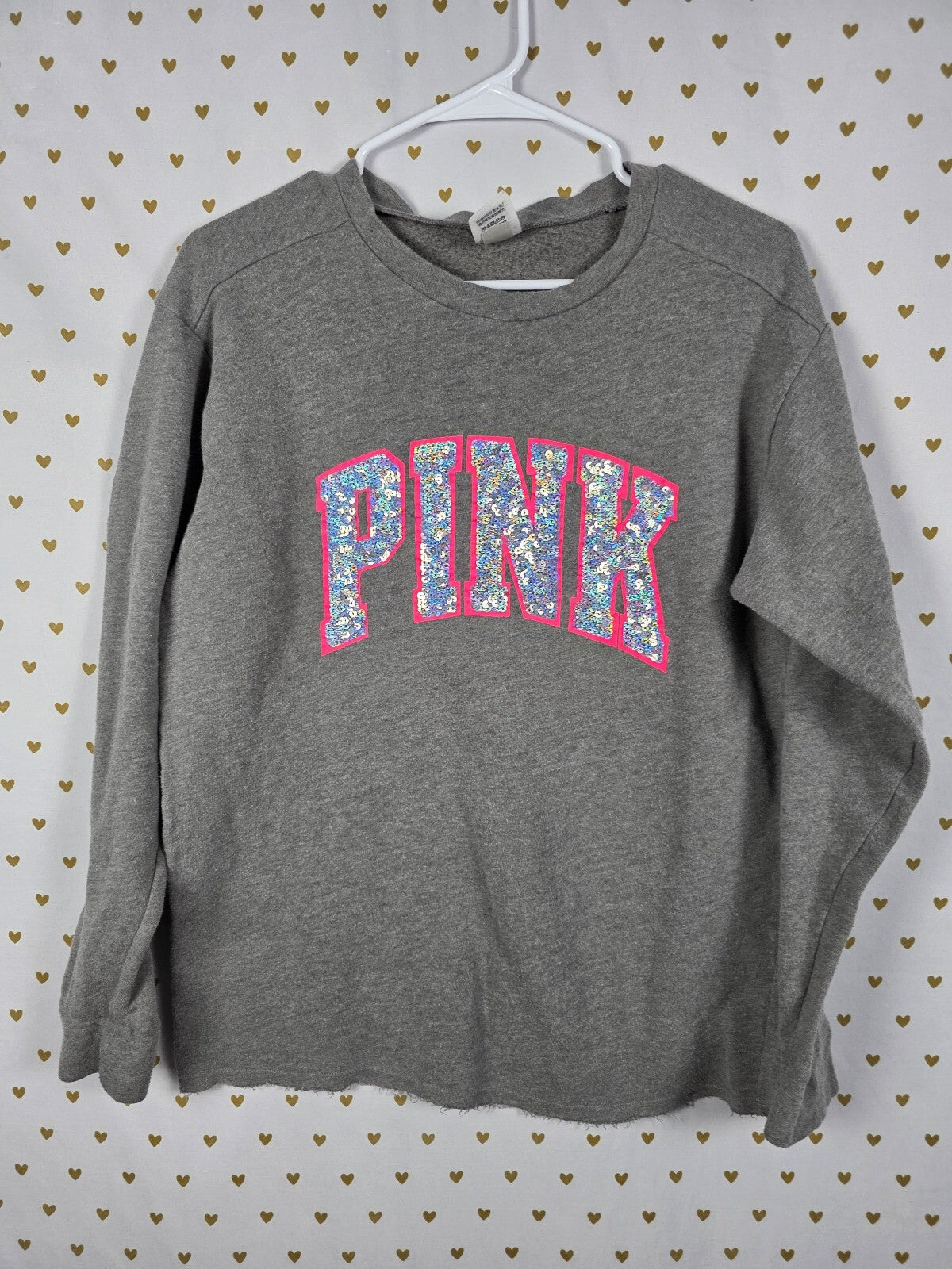 Victorias Secret Pink Mermaid Bling Logo Sweater Shirt Grey Sequined SMALL
