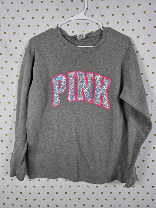 Victorias Secret Pink Mermaid Bling Logo Sweater Shirt Grey Sequined SMALL