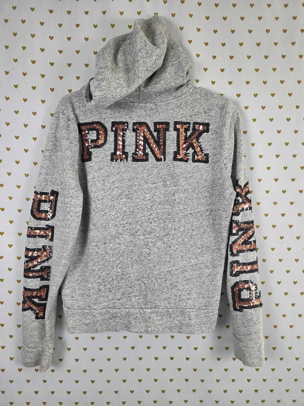 Victorias Secret Pink  Rose Gold Bling Sequined Logo Hoodie Jacket Full Zip M