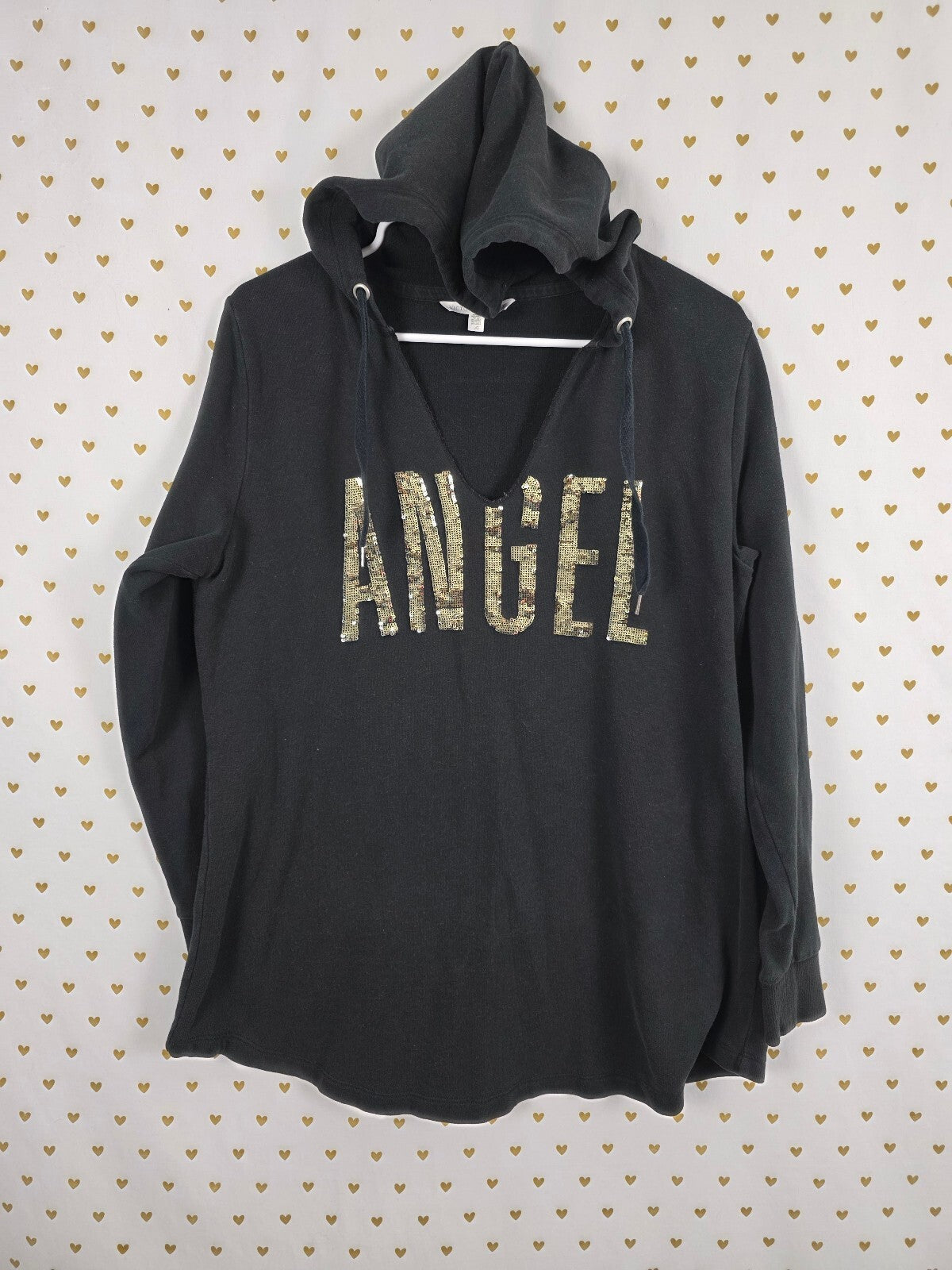 Victorias Secret ANGEL Bling Gold Sequin Pullover V neck Hoodie Sweater LARGE