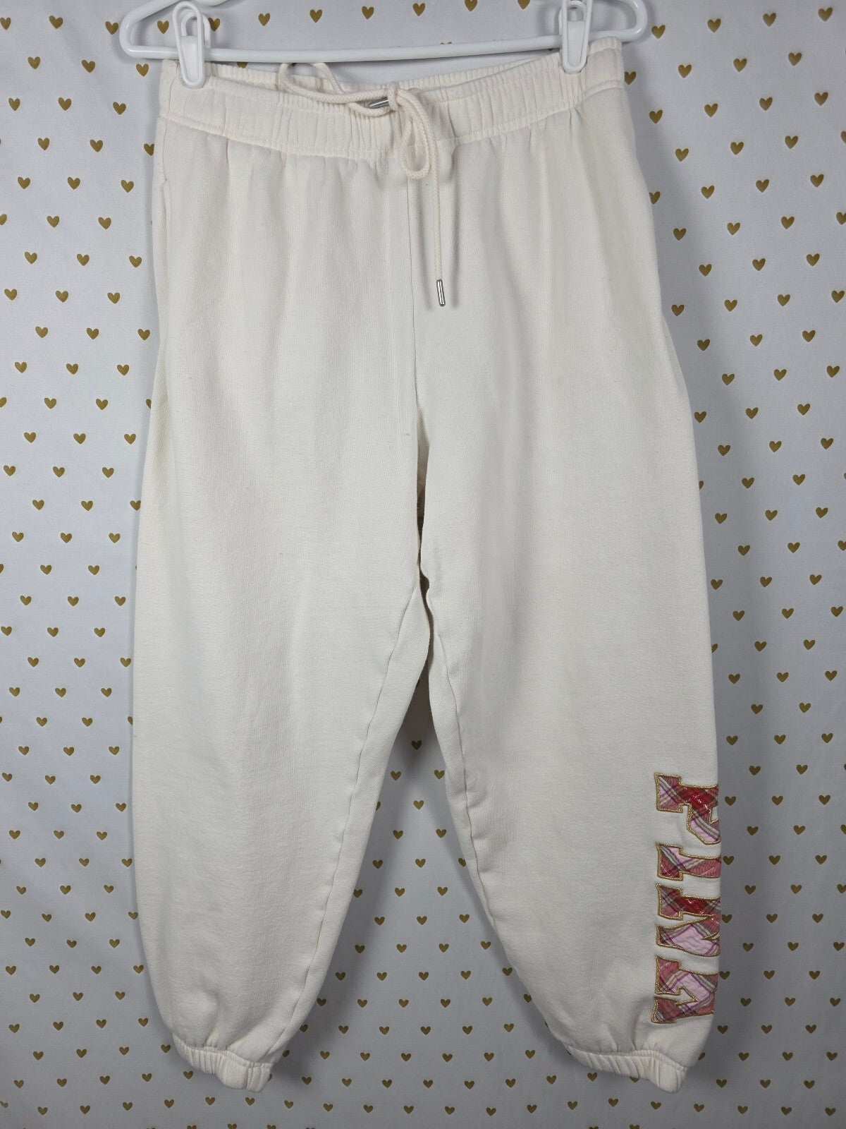 Victorias Secret PINK Flannel Logo Campus sweats sweatpants MEDIUM White