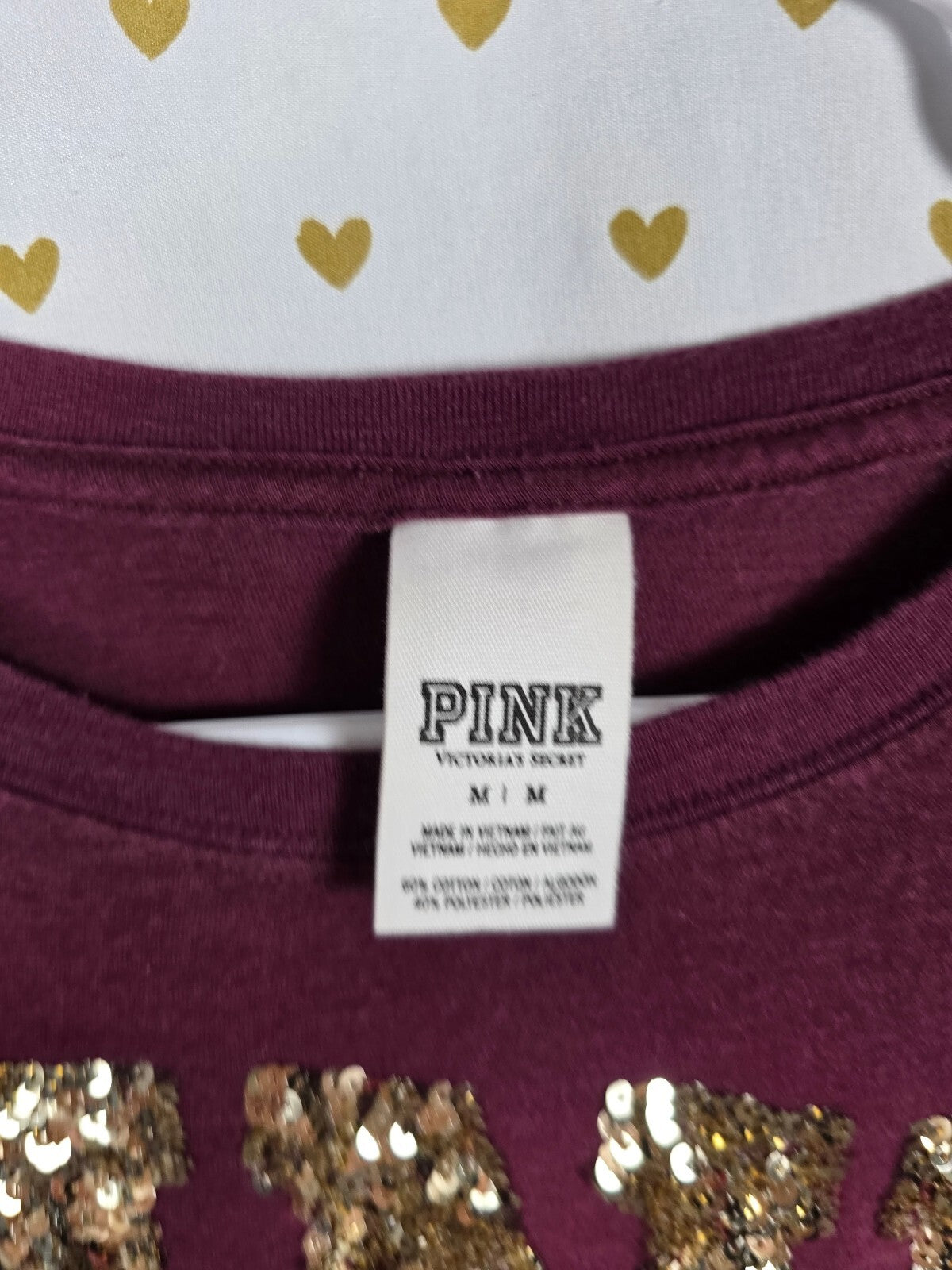 Victorias Secret PINK Maroon Gold BLING Tee shirt MEDIUM