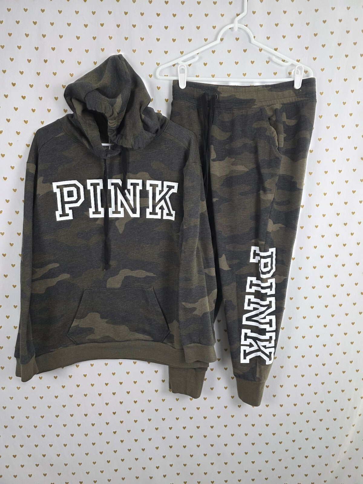 Victorias Secret Pink Camo Camouflage Logo Sweats Hooded Sweater SET Medium